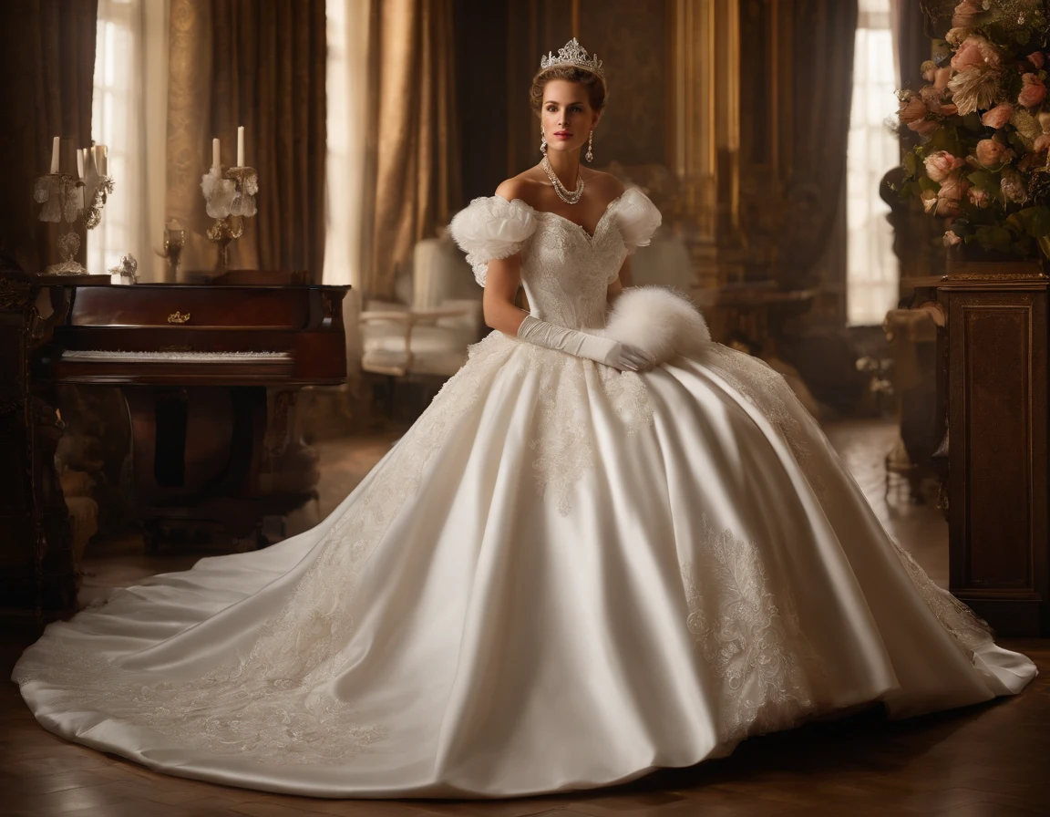 Best quality, Masterpiece, The future crown prince wears a stately and delicate royal wedding dress in white satin and tulle，Wear extra-long white gloves，Decorated with a huge ribbon bow, Lace, frilld, Woven pleats, Embroidery and jewelry, With large puff sleeves, Hourglass waist and voluminous Crinoline hoop skirt, bustle, and trains, white long gloves, pearl necklace and earrings, Carefully curly and styled hair