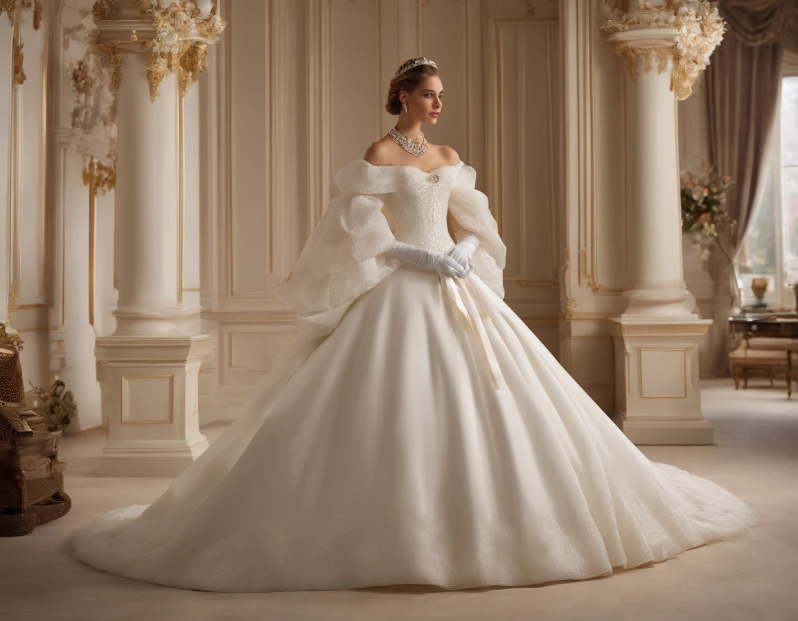 Best quality, Masterpiece, The future crown prince wears a stately and delicate royal wedding dress in white satin and tulle，Wear extra-long white gloves，Decorated with a huge ribbon bow, Lace, frilld, Woven pleats, Embroidery and jewelry, With large puff sleeves, Hourglass waist and voluminous Crinoline hoop skirt, bustle, and trains, white long gloves, pearl necklace and earrings, Carefully curly and styled hair