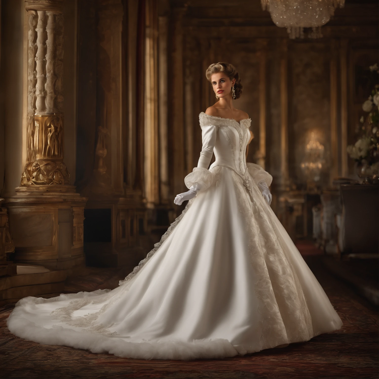 Best quality, Masterpiece, The future crown prince wears a stately and delicate royal wedding dress in white satin tulle,Wear extra-long white gloves,Decorated with a huge ribbon bow, Lace, frilld, Woven pleats, Embroidery and jewelry, With large puff sleeves, Hourglass waist and voluminous Crinoline hoop skirt, bustle, and trains, white long gloves, pearl necklace and earrings, Carefully curly and styled hair