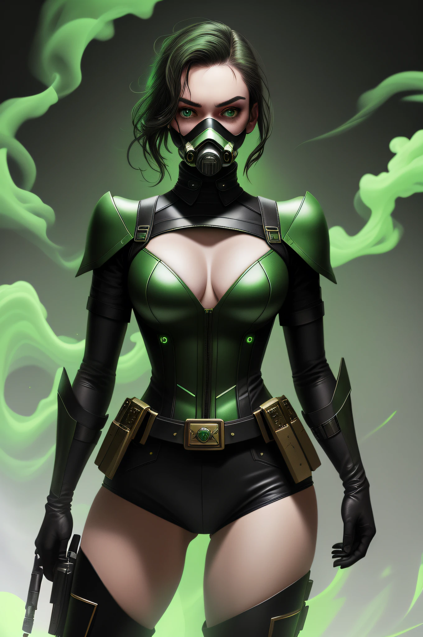 masterpiece, best quality, valorantViper, bodysuit, gloves, belt, thigh boots, respirator, looking at viewer, face, portrait, close-up, glowing eyes, green smoke, black background