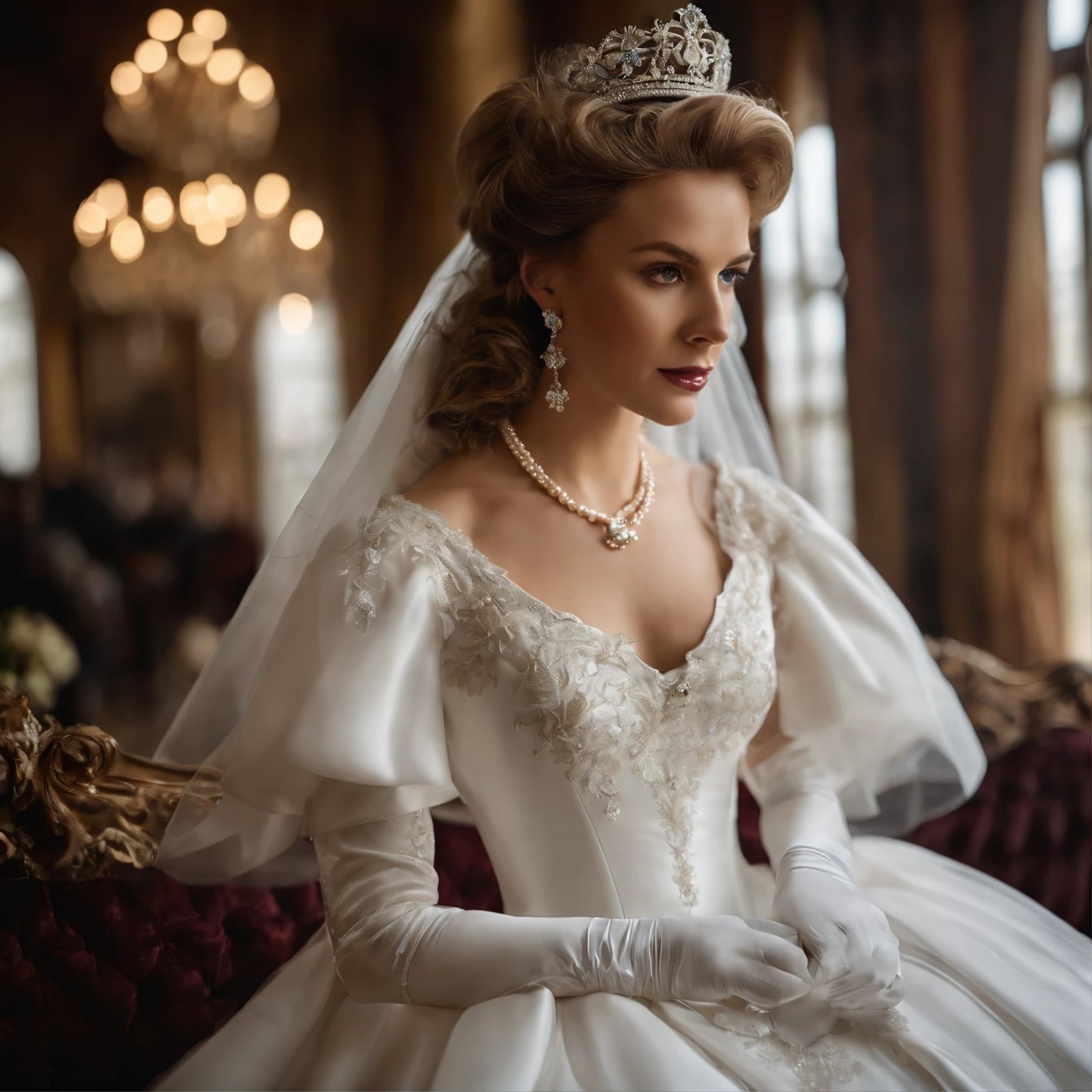 Best quality, Masterpiece, The noble queen wears a stately and exquisite royal wedding dress in white satin tulle,Wear extra-long white gloves,Decorated with a huge ribbon bow, Lace, frilld, Woven pleats, Embroidery and jewelry, With large puff sleeves, Hourglass waist and voluminous Crinoline hoop skirt, bustle, and trains, white long gloves, pearl necklace and earrings, Long, Straight blonde hair hung loosely