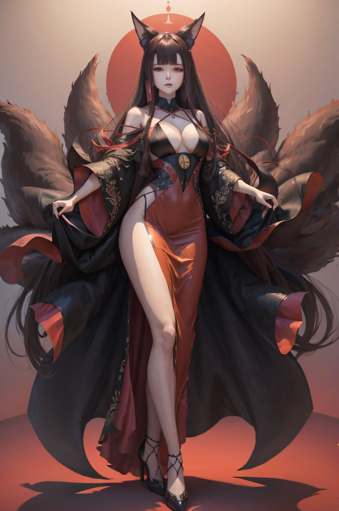 Ballroom, red evening dress with white fur trim, long brown hair with bangs, open toe black high heel shoes, long brown fox ears with dark inner fur, kitsune, 9 long fluffy brown fox tails, dancing, looking at viewer, tall, slender, full body shot, large bust, mature look, large amber eyes, pretty angular face, smirking expression, long legs, wearing black gloves, long slender fingers