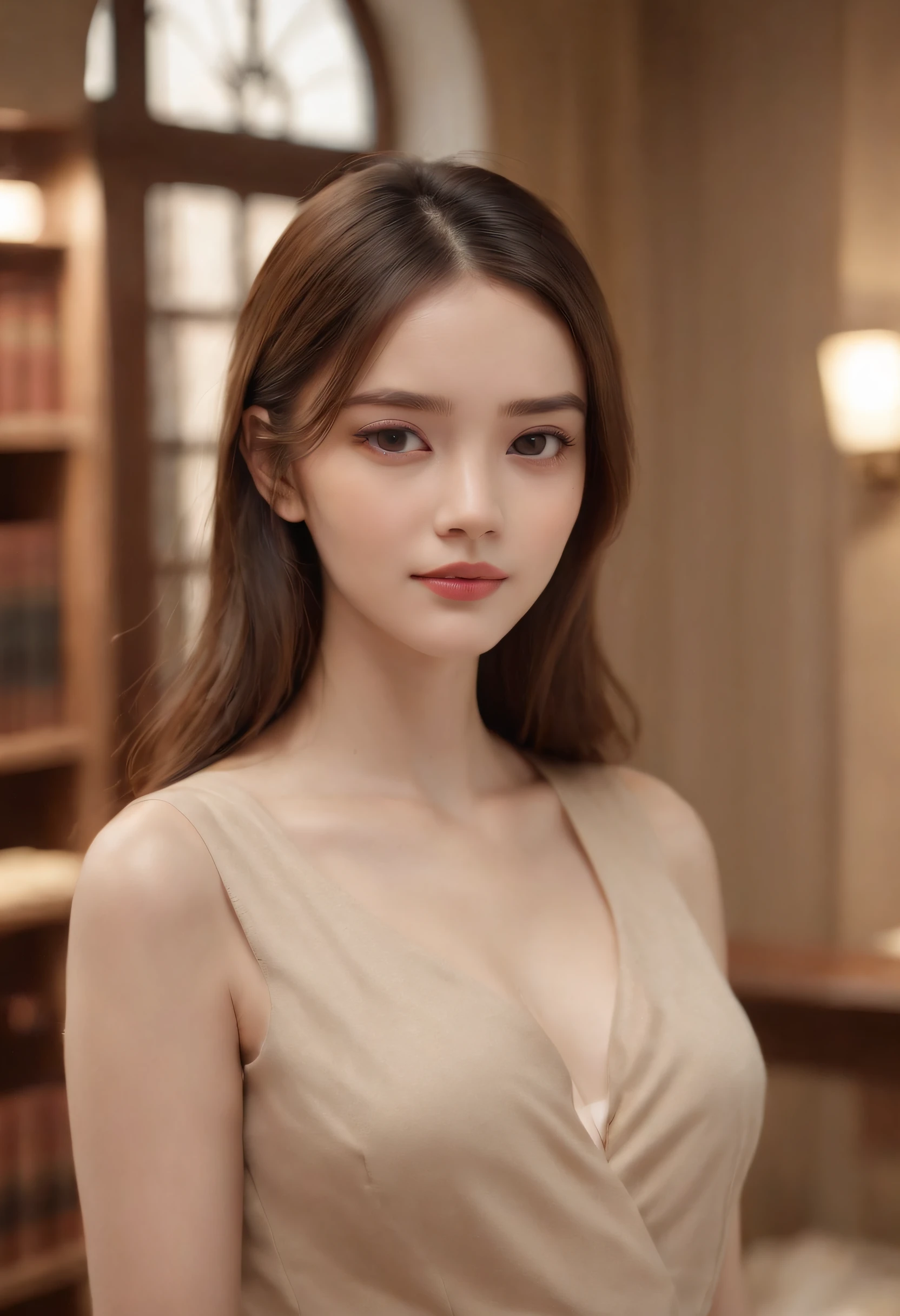 (Full body: 2), (masutepiece:1.3), (8K, Photorealistic, Raw photo, Best Quality: 1.4), Vietnamese, (1girl in), Beautiful face, (Realistic face), (Brown hair, Long hair:1.3), Beautiful hairstyle, Realistic eyes, Beautiful, Detailed eyes, (Realistic skin), Beautiful skin, Attractive, 超A high resolution, A hyper-realistic, Highly detailed, Golden ratio, Detailed face, Looking at Viewer, No smile, medium breasts, Stand in the library. From the front. Eyes are looking at the camera. Business Suit (Short skirt, Black tights: 1), Wear bracelets, wear a necklace, put on glasses.