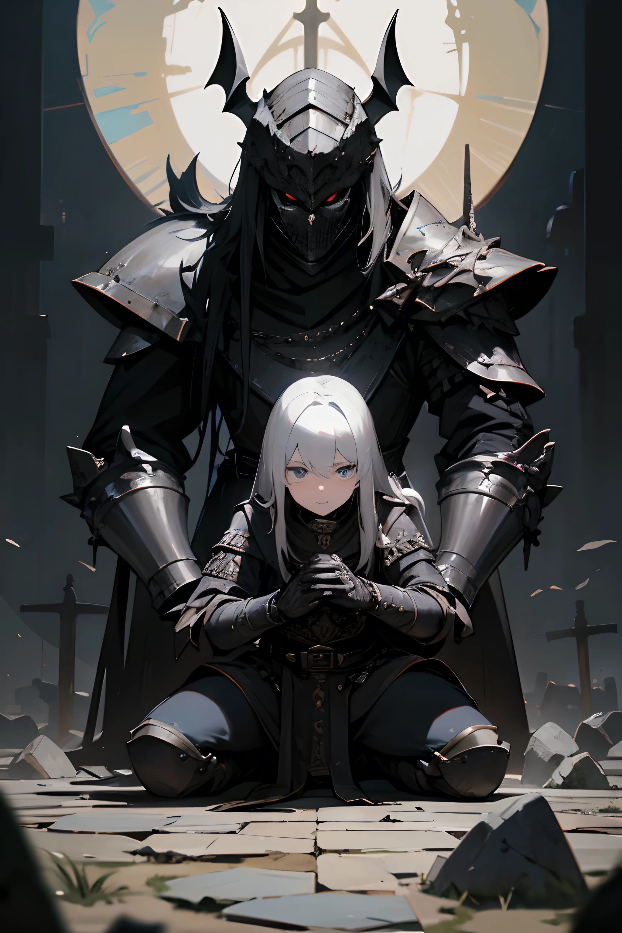 Masterpiece, best quality, detailed, trending on artstation, 1man, knight, deathknight, oathbreaker, white hair coming out of the sides of the helmet, looking at viewer, full plated, closed great helm, spiked pauldrons with detailed ornaments, skull chestplate with glinting stones, silvery details on armor, belts and buckles on waist, deteriorated Greaves, leather leggings, corrupted great sword stuck in the ground, praying on knees, destroyed church background, dim ambiance, ambiance night