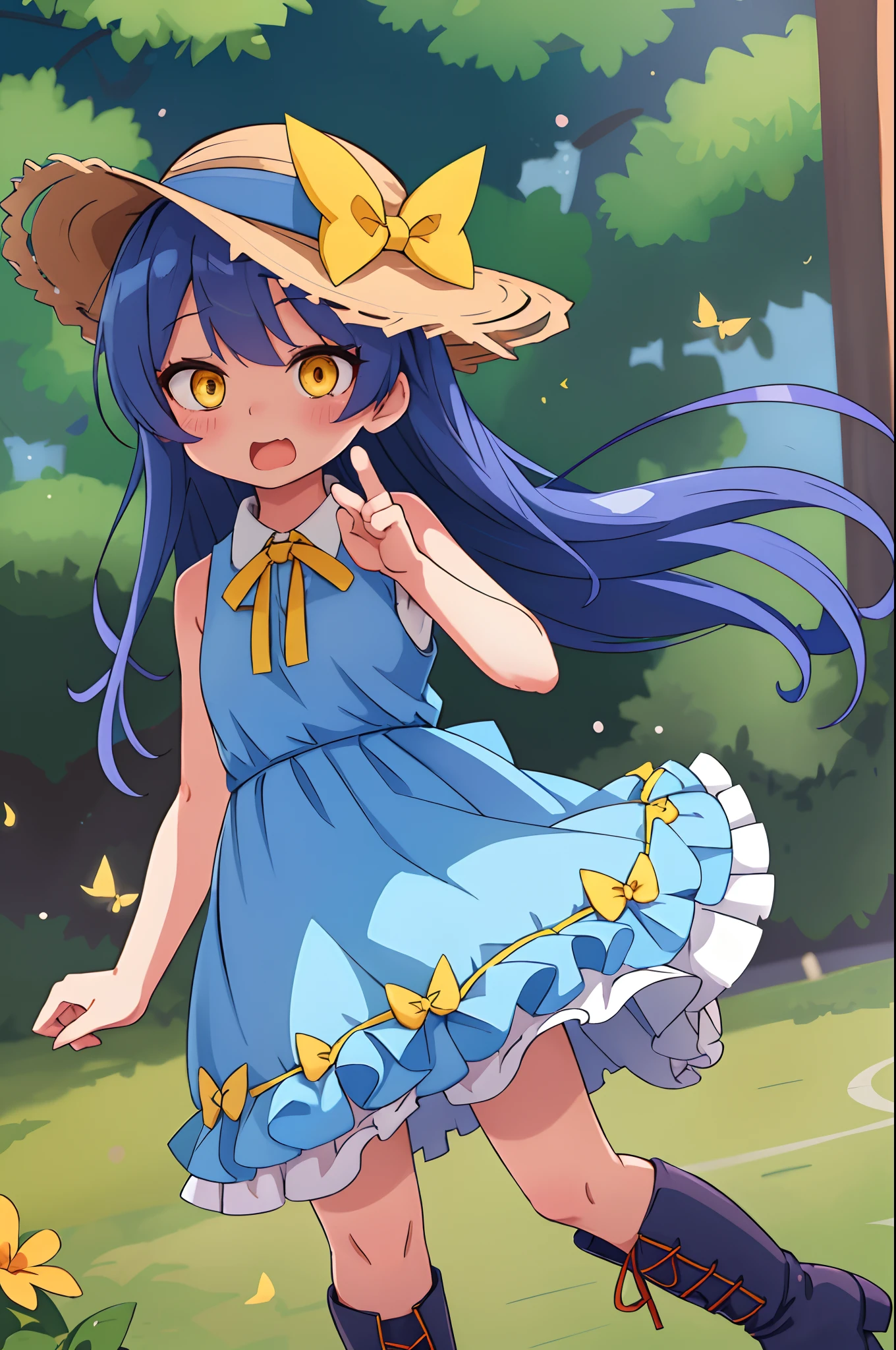 女の子1人、blue ribbons、florals、Windy, That's why I'm wearing a hat、Yawning face、Longer dress、length hair、bow ribbon、Sleeveless、a straw fedora hat、Eye Up、yellow  eyes、Urban Park、butterflys々is flying、kawaii pose、I'm wearing cute boots、Stronger bokeh effect