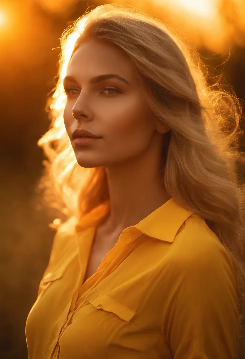 blond girl in a yellow shirt is posing in front of the sun, in the style of jessica drossin, shiny/glossy, konstantinos parthenis, distinctive noses, naomi tydeman, 32k uhd, soft, atmospheric lighting