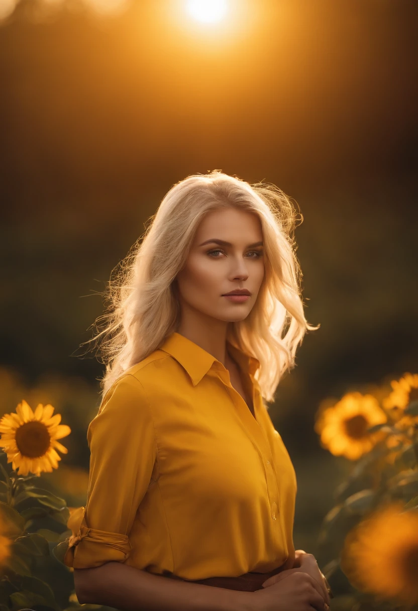 blond girl in a yellow shirt is posing in front of the sun, in the style of jessica drossin, shiny/glossy, konstantinos parthenis, distinctive noses, naomi tydeman, 32k uhd, soft, atmospheric lighting