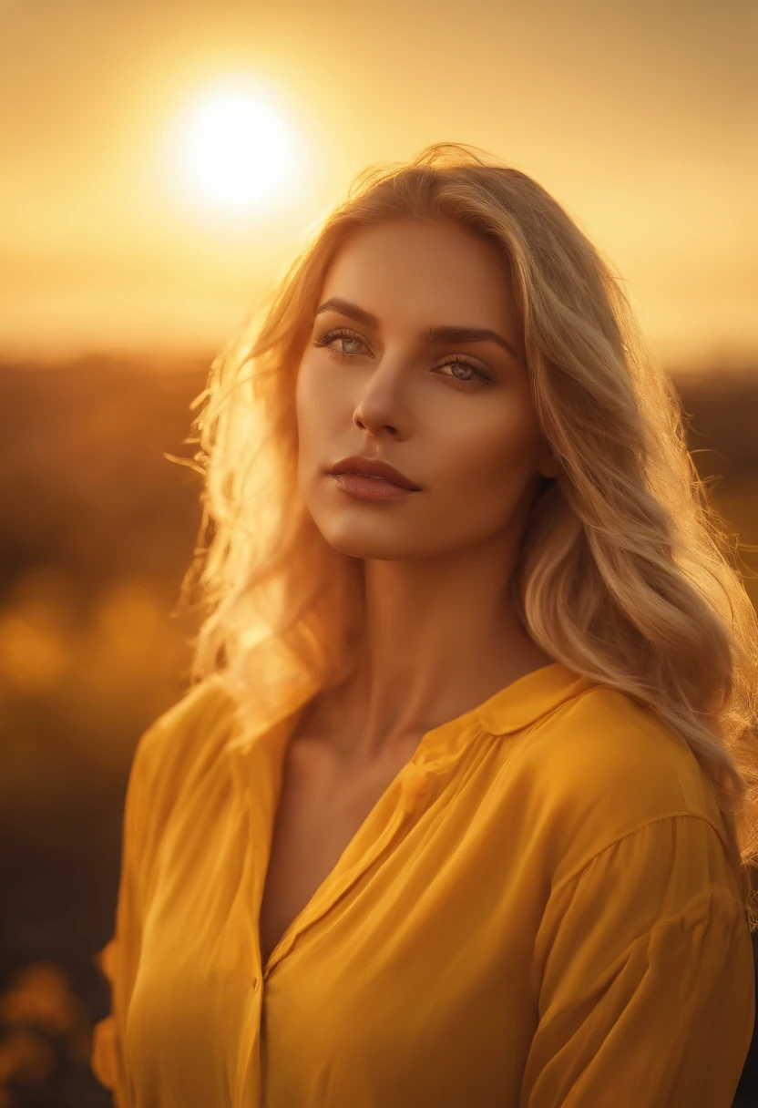 blond girl in a yellow shirt is posing in front of the sun, in the style of jessica drossin, shiny/glossy, konstantinos parthenis, distinctive noses, naomi tydeman, 32k uhd, soft, atmospheric lighting