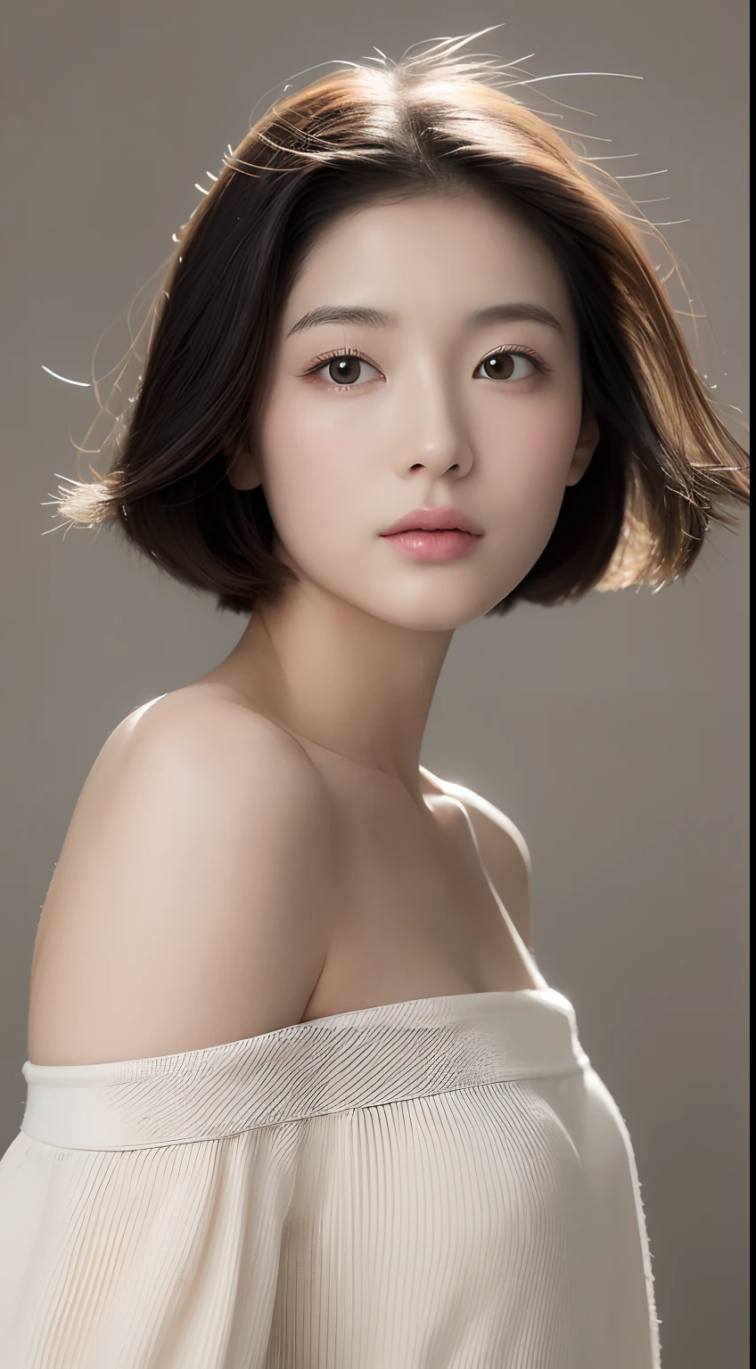 (top-quality, ​masterpiece, hight resolution), (Realisticity),Portrait of a beautiful Japan woman、up on the face、Shoulder Shots、 One girl，19、 Beautiful black hair、short-cut、 realistic skin textures，Cute white off-shoulder、ciinematic light、softlight、White background、(Nothing background)、