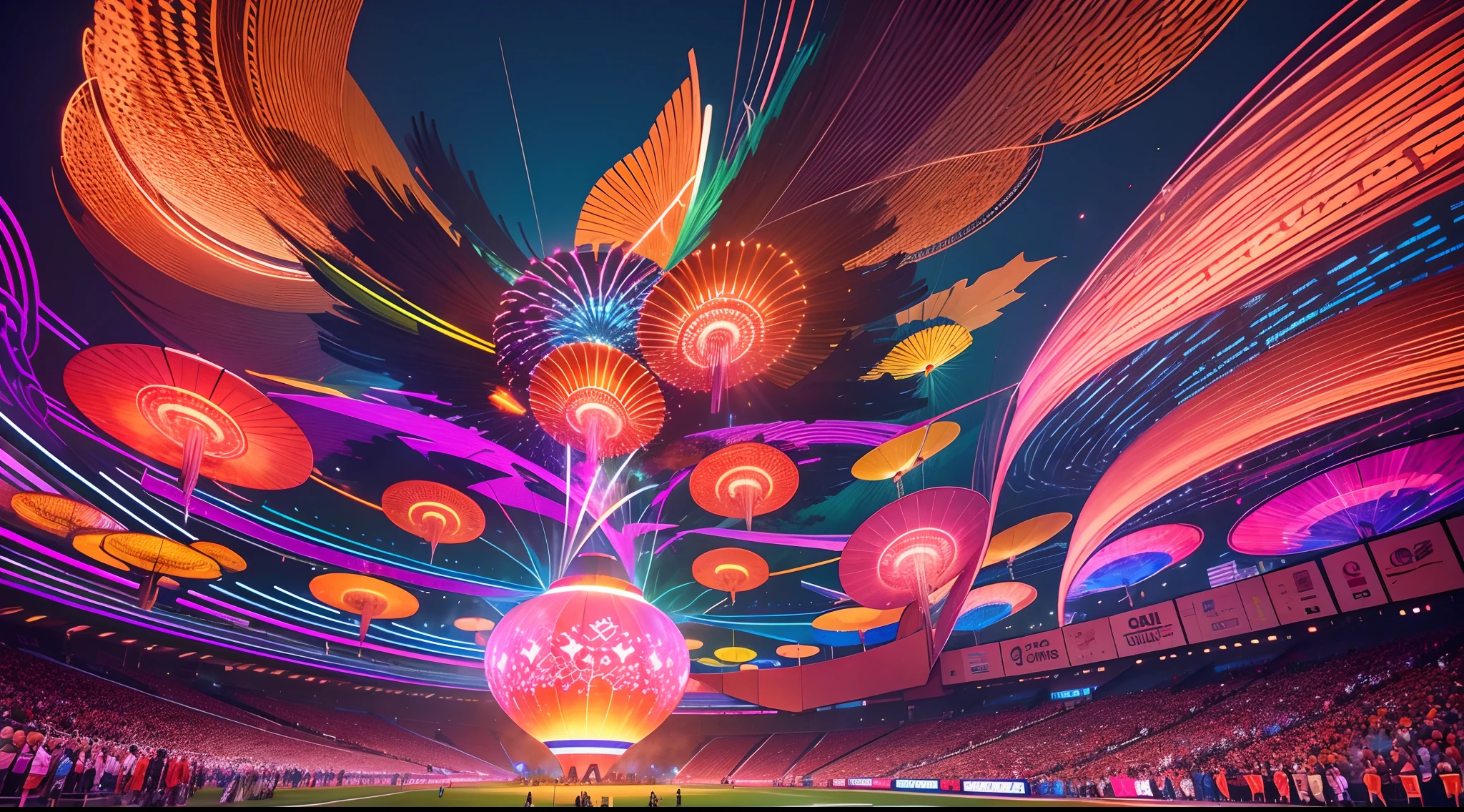Opening Ceremony of the Asian Games, Mesmerizing drone light show, Vibrant colors, Impressive formation, Entice your audience,