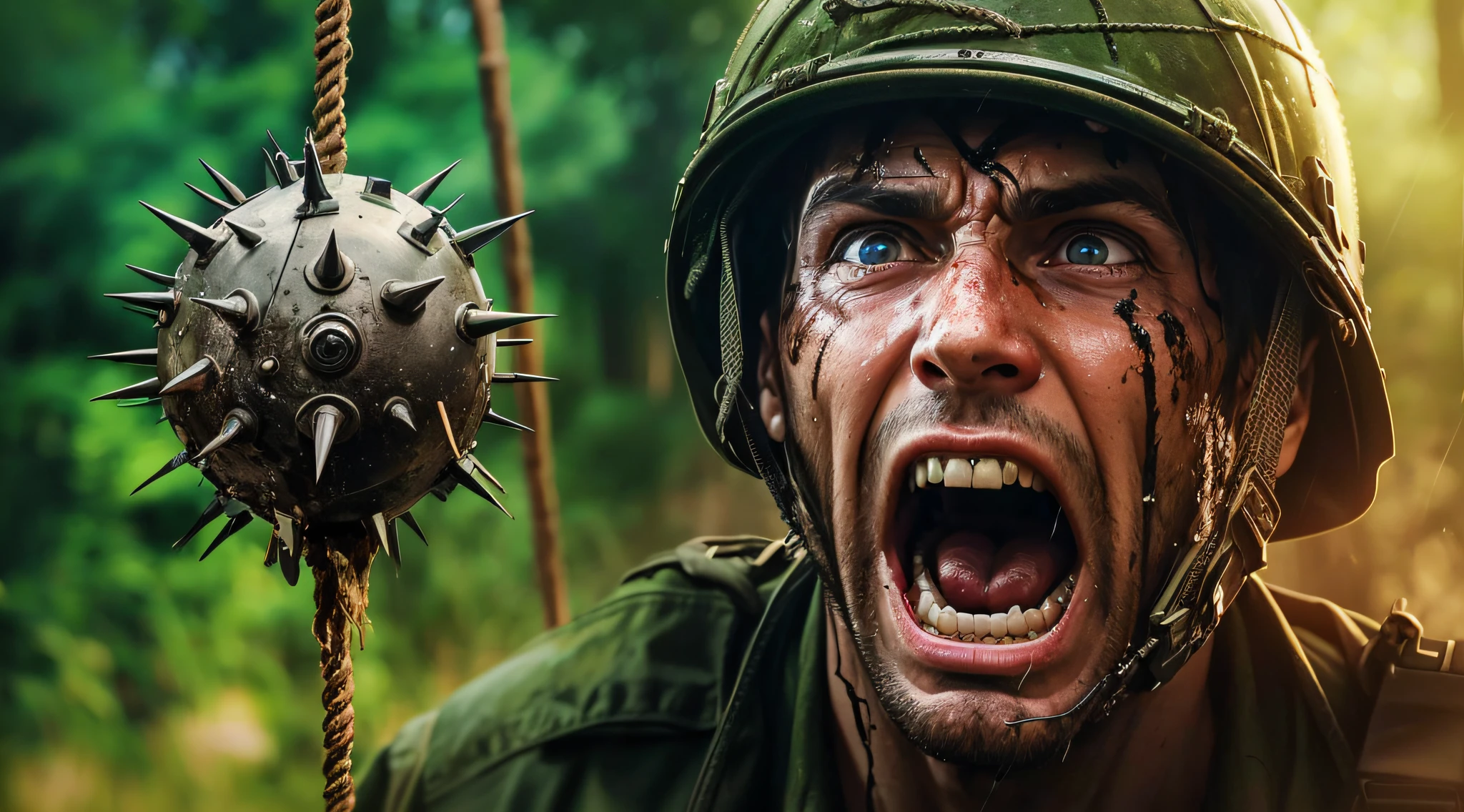 There's a man in a helmet with his head nailed, foto de retrato, dramatic action photography, foto de retrato em close-up, fotografia de combate, close up foto de retrato, fotografia de combate e aventura, soldado sob fogo pesado, epic portrait of menacing, belos olhos detalhados, olhos perfeitos arregalados de raiva, Olhos e rosto extremamente detalhados, dentes extremamente detalhados , dentes ultra detalhado ,irritado 8 k, fotografia militar, gritando em agonia, intense screaming expression, editing, vietnam war soldier, gritando em desespero, high resolutions, ultra detalhado, Detalhes intrincados, Efeitos texturais, Absurdo, obra prima, retrato closeup