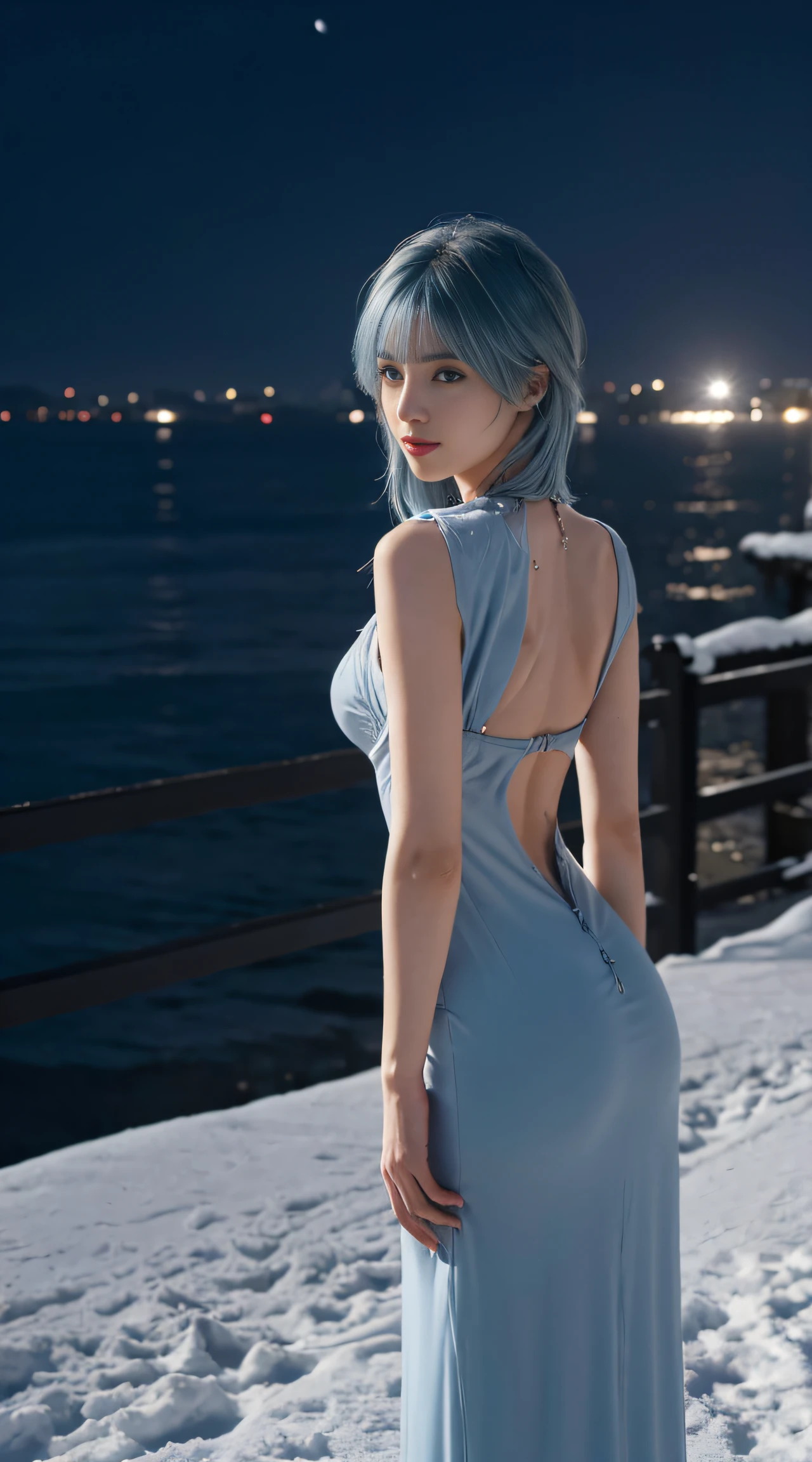 8K, Top Quality, Intricate Details, Ultra Detail, Ultra High Resolution, Masterpiece, ((from behind)), Slender, Smile, (Makeup: 0.4), (Fluffy Blue Eyes: 1.21), blue Eyes, looking at background, ((full body)), 1girl, solo, 1 girl, (( full body)), close up shot, standing , ((tall)), (((fit body))), (((slim face))), sharp face, sharp eyes, (((sky blue hair, long hair, bangs)) (detailed face), sharp face, small lips, ((maxi dress)), detailed face, detailed breast, , large breast, detail ass, big ass, round ass , Beautiful girl with accentuated slender abs: 1.4, Six Pack Abs: 1.4, Bust Botox, Big, Perfect Body, detail leg, (( moonlight)), in the snow