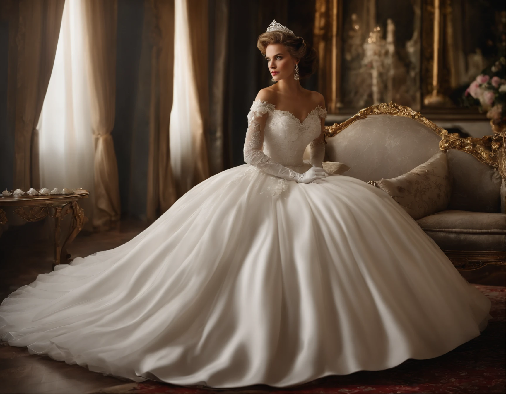 Best quality, Masterpiece, The future crown prince wears a stately and delicate royal wedding dress in white satin and tulle,Wear extra-long white gloves,Decorated with a huge ribbon bow, Lace, frilld, Woven pleats, Embroidery and jewelry, With large puff sleeves, Hourglass waist and voluminous Crinoline hoop skirt, bustle, and trains, white long gloves, pearl necklace and earrings, Carefully curly and styled hair