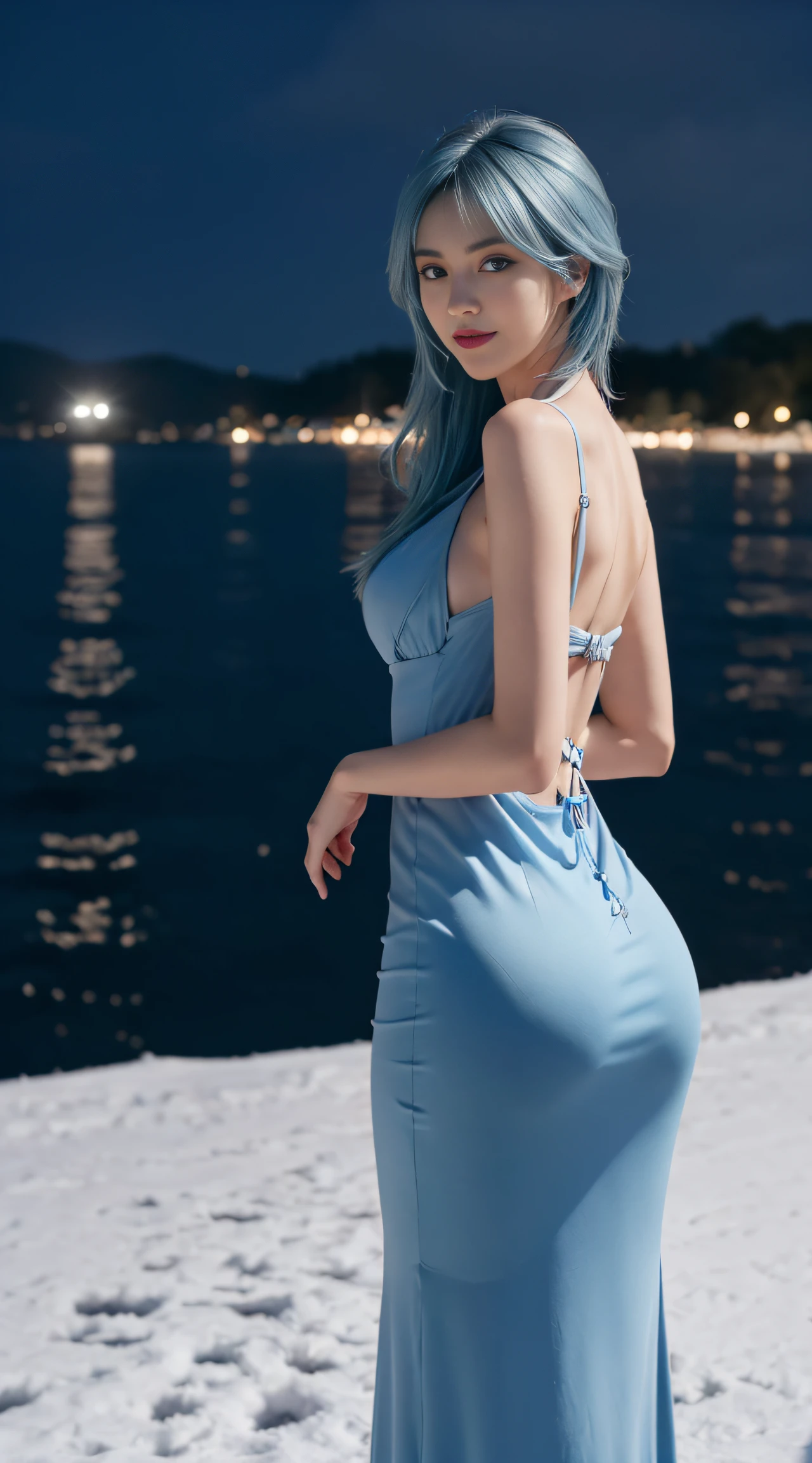 8K, Top Quality, Intricate Details, Ultra Detail, Ultra High Resolution, Masterpiece, ((from behind)), Slender, Smile, (Makeup: 0.4), (Fluffy Blue Eyes: 1.21), blue Eyes, looking at background, ((full body)), 1girl, solo, 1 girl, (( full body)), close up shot, standing , ((tall)), (((fit body))), (((slim face))), sharp face, sharp eyes, (((sky blue hair, long hair, bangs)) (detailed face), sharp face, small lips, ((maxi dress)), detailed face, detailed breast, , large breast, detail ass, big ass, round ass , Beautiful girl with accentuated slender abs: 1.4, Six Pack Abs: 1.4, Bust Botox, Big, Perfect Body, detail leg, (( moonlight)), in the snow