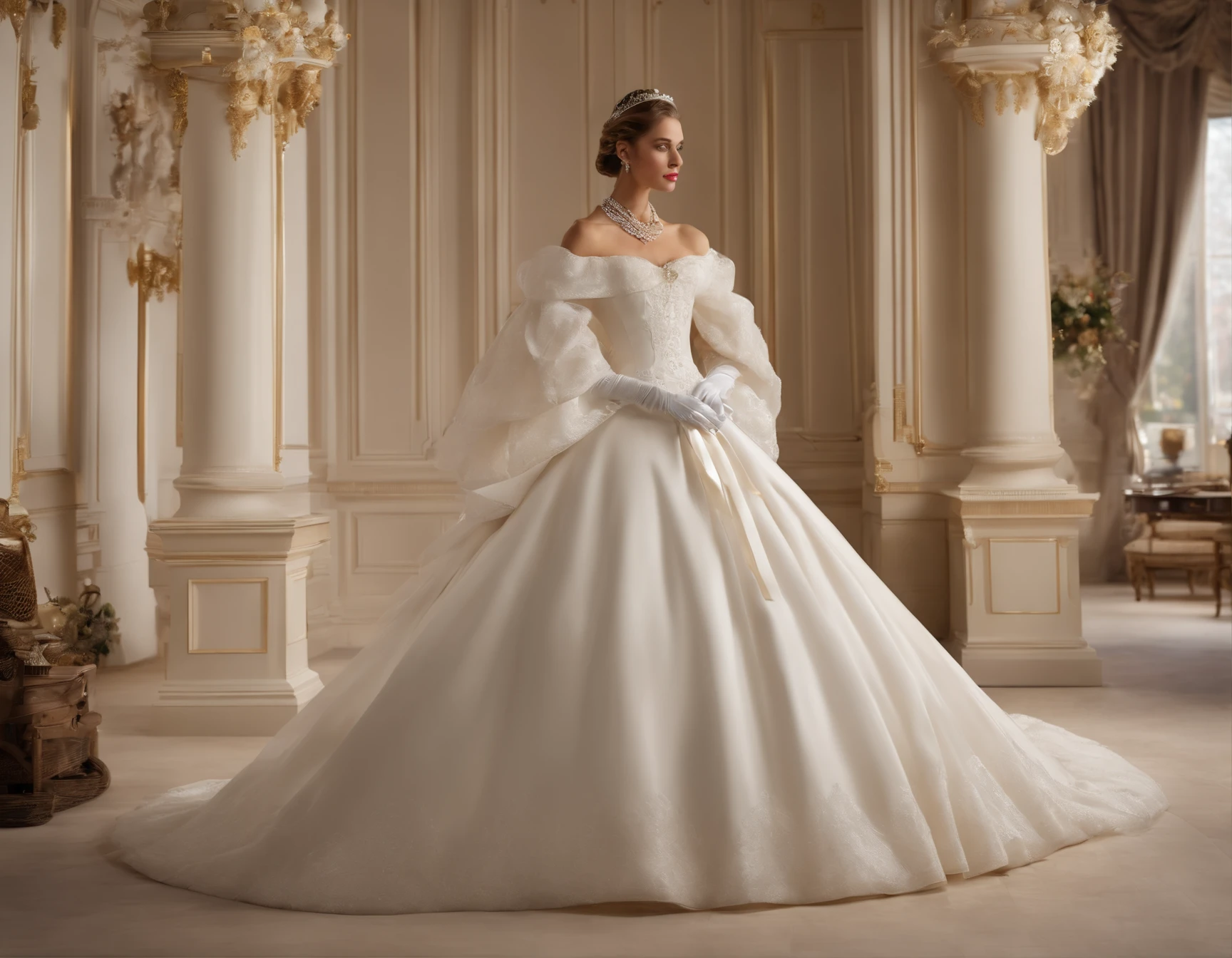Best quality, Masterpiece, The future crown prince wears a stately and delicate royal wedding dress in white satin and tulle,Wear extra-long white gloves,Decorated with a huge ribbon bow, Lace, frilld, Woven pleats, Embroidery and jewelry, With large puff sleeves, Hourglass waist and voluminous Crinoline hoop skirt, bustle, and trains, white long gloves, pearl necklace and earrings, Carefully curly and styled hair