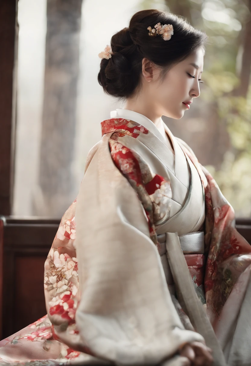 One girl,  (((japanese kimono))),Highest Quality, in 8K, masutepiece:1.3, Low exposure, Full body shot, Short hair,  Baby face, Large chest, Black hair, Ultra-detailed face, Detailed eyes, Big Bust, Double eyelids, Best Smile,
,b3rli,Asian Girl,