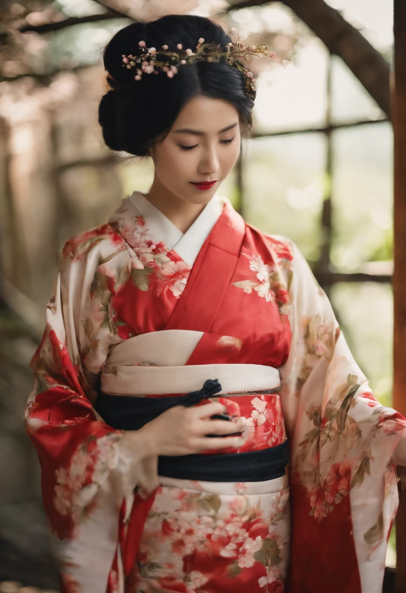 One girl,  (((japanese kimono))),Highest Quality, in 8K, masutepiece:1.3, Low exposure, Full body shot, Short hair,  , Large chest, Black hair, Ultra-detailed face, Detailed eyes, Big Bust, Double eyelids, Best Smile,
,b3rli,Asian Girl,