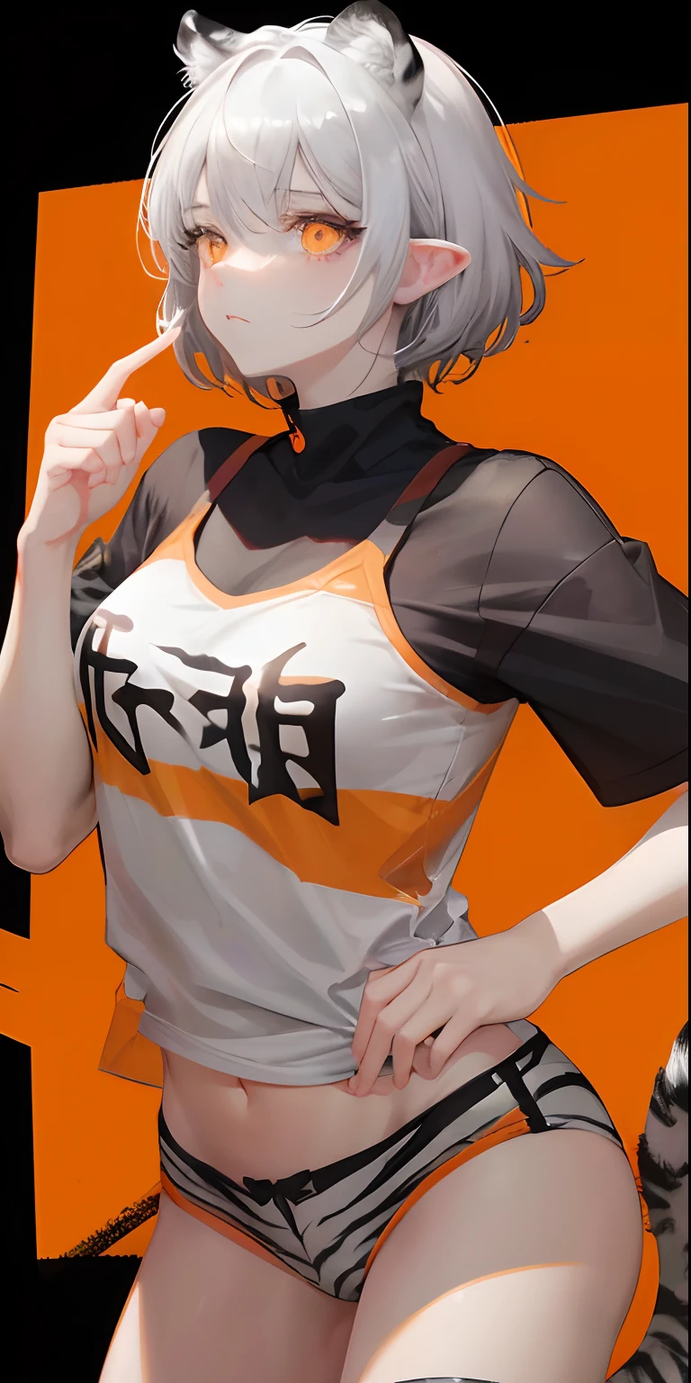 girl, (without emotion), (tiger girl), pale skin, (gray hair), (short hair), (tiger ears), (black tiger stripes), (orange eyes), (white background:1.2)