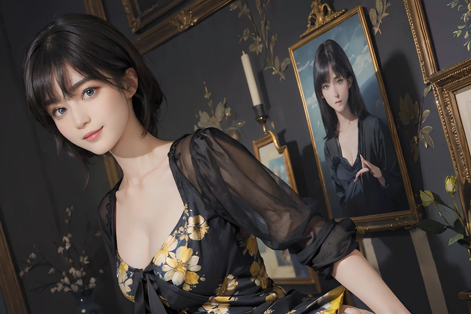 (((Black shorthair))), (Louvre Museum), Pose Seductive, (A hyper-realistic), (Illustration), (Increased resolution), (8KUHD), (Extremely detailed), (Best Illustration), (Beautiful and detailed eyes), (Best Quality), (ultra-detailliert), (masutepiece ), ( Wallpaper), (Detailed face), Solo, (One woman wearing blue and yellow clothes), (Floral clothing), (Breast bulge), Fine details, Detailed face, Deep Shadows, lowkey, pureerosfaceace_v1, Smiling, 46 point slanted bangs, (Stand in front of an abstract painting)