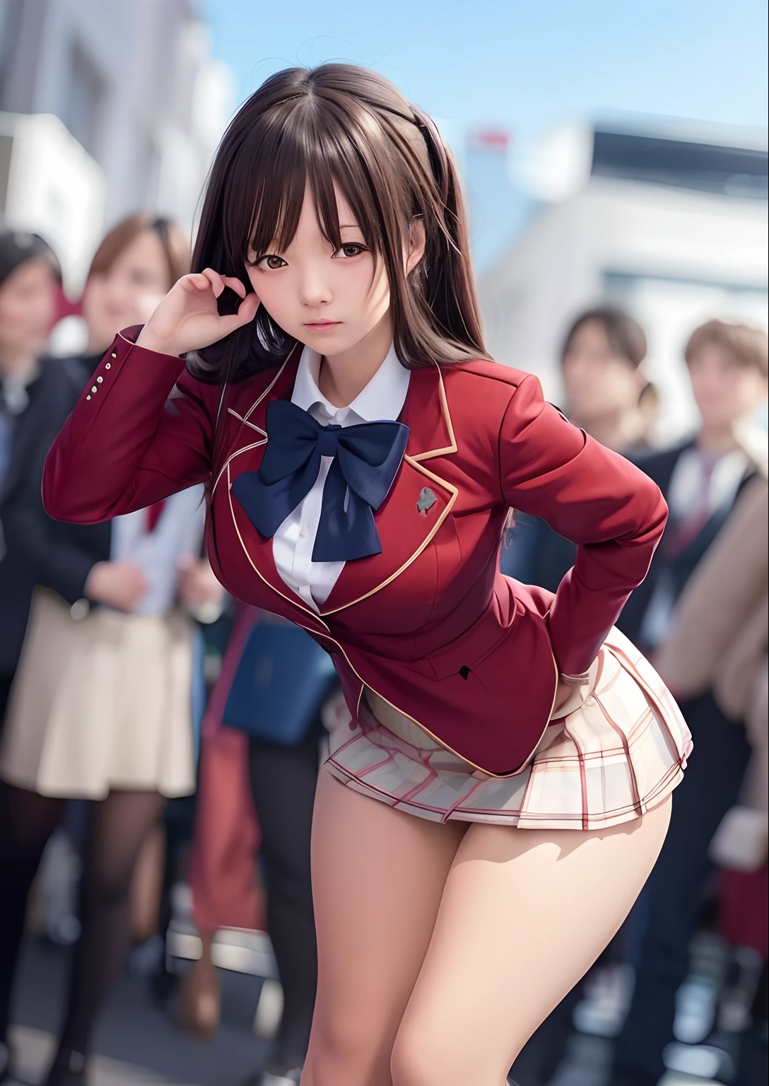 anime girl in a short skirt and red jacket posing for a picture, a hyperrealistic schoolgirl, seductive anime girl, hyperrealistic schoolgirl, beautiful anime high school girl, attractive anime girl, ecchi anime style, ecchi, realistic schoolgirl, anime girls, beautiful anime girl squatting, anime girl, smooth anime cg art, anime waifu