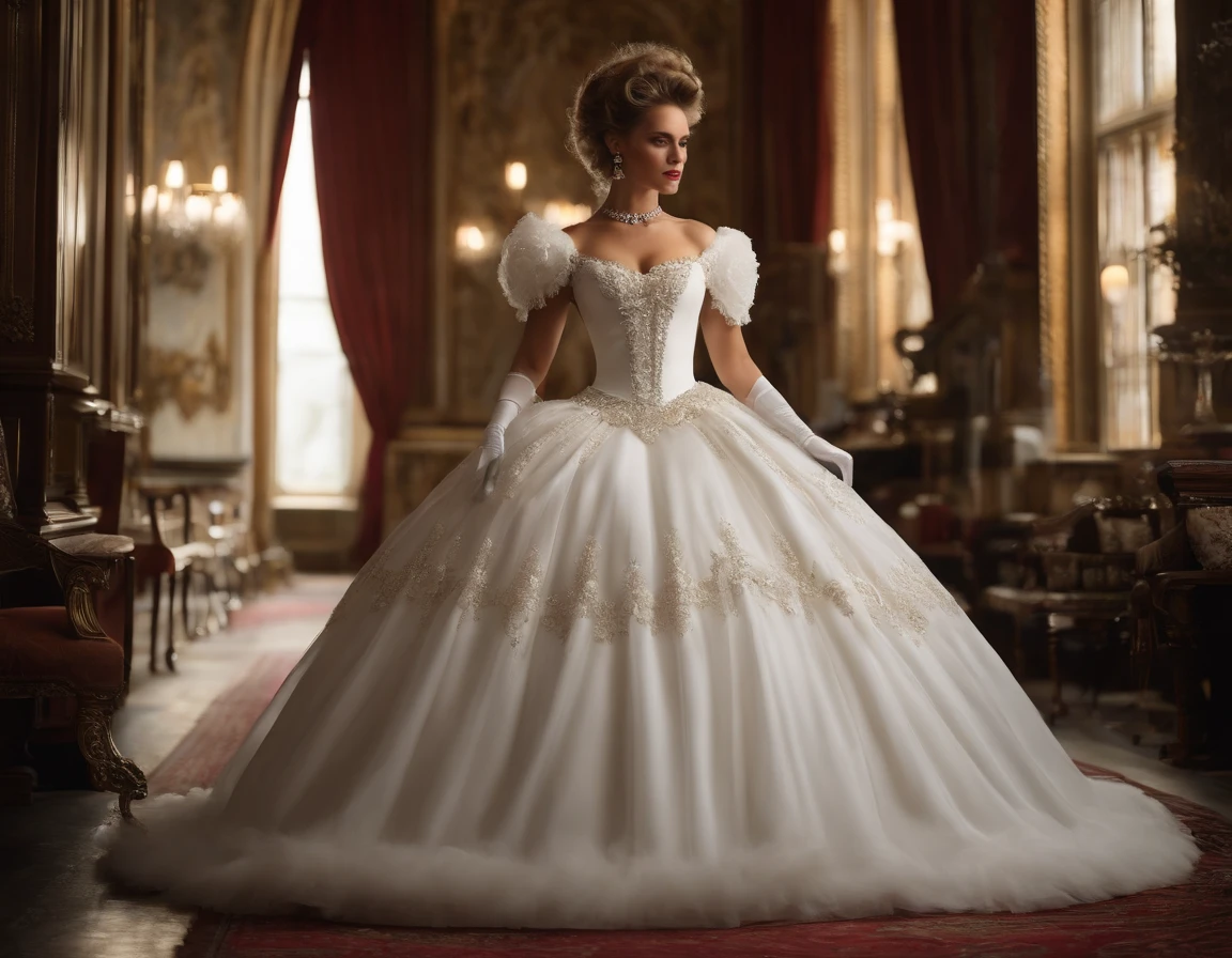 Best quality, Masterpiece, The noble queen wears a solemn and delicate royal wedding dress in white satin tulle,Wear extra-long white gloves,Decorated with a huge ribbon bow, Lace, frilld, Woven pleats, Embroidery and jewelry, With large puff sleeves, Hourglass waist and voluminous Crinoline hoop skirt, bustle, and trains, white long gloves, pearl necklace and earrings, Carefully curly and styled hair