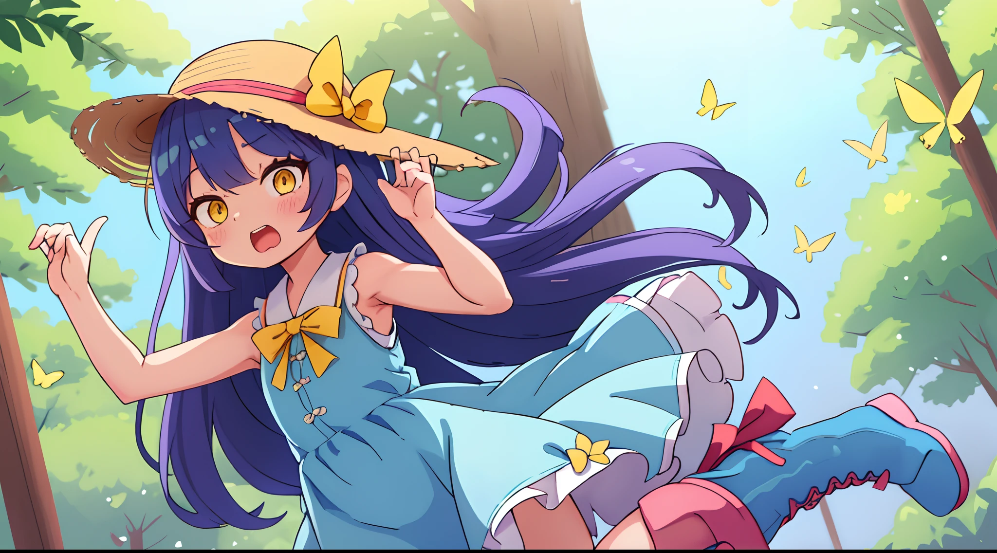 女の子1人、blue ribbons、florals、Windy, That's why I'm wearing a hat、Yawning face、Longer dress、length hair、bow ribbon、Sleeveless、a straw fedora hat、Eye Up、yellow  eyes、Urban Park、butterflys々is flying、kawaii pose、I'm wearing cute boots、Stronger bokeh effect