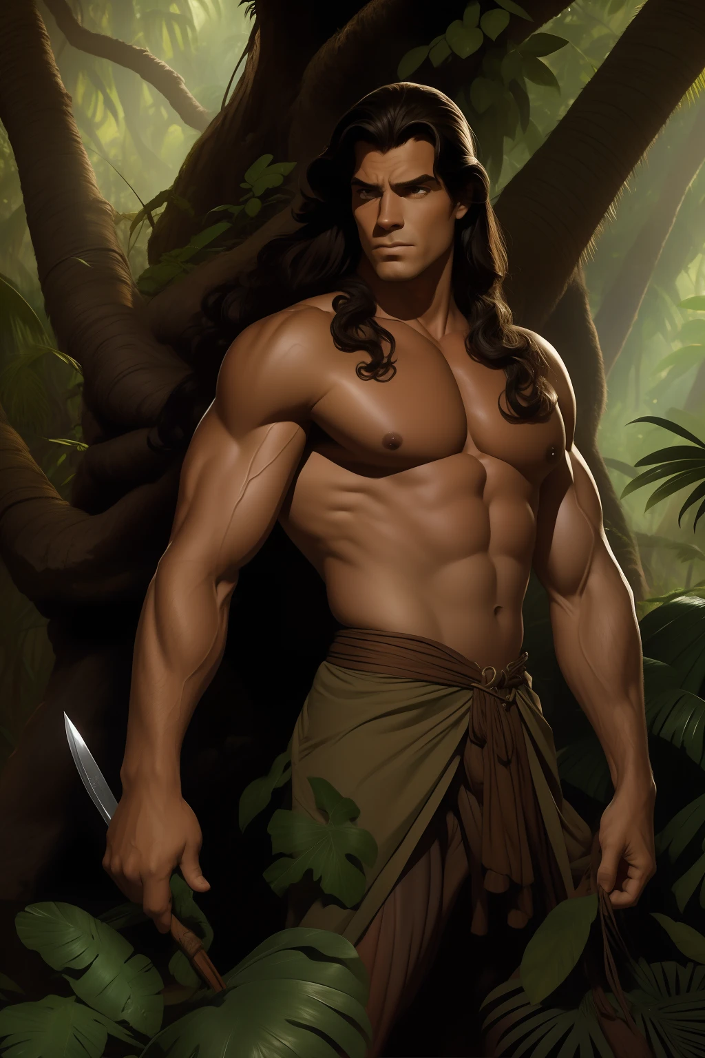 ((SFW))Arte estilo john Buscema,Um close up de Lorde Clayton Greystoke aka Tarzan dos macacos, entering the dense and dangerous African forest with only a knife in his hands, corpo inteiro,, cena detalhada, cena perfeita, pingos de suor.((SFW))