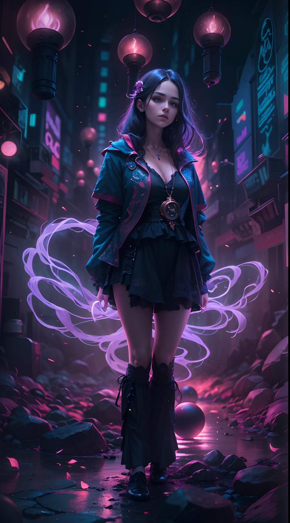 1 girl is 20 years old, A witch is neon lighting on hands, Otherworldly themes with dark fantasy and ethereal fantasy, Bright core with lots of magic orb backgrounds, fantastical realism, La mejor calidad, highest qualityr, 8k, absurdo nada, High quality epic, extremadamente detallado, Piel ultra detallada, Stunningly Detailed, hiperrealista, Very high resolution, Ultra Fotorrealista,
