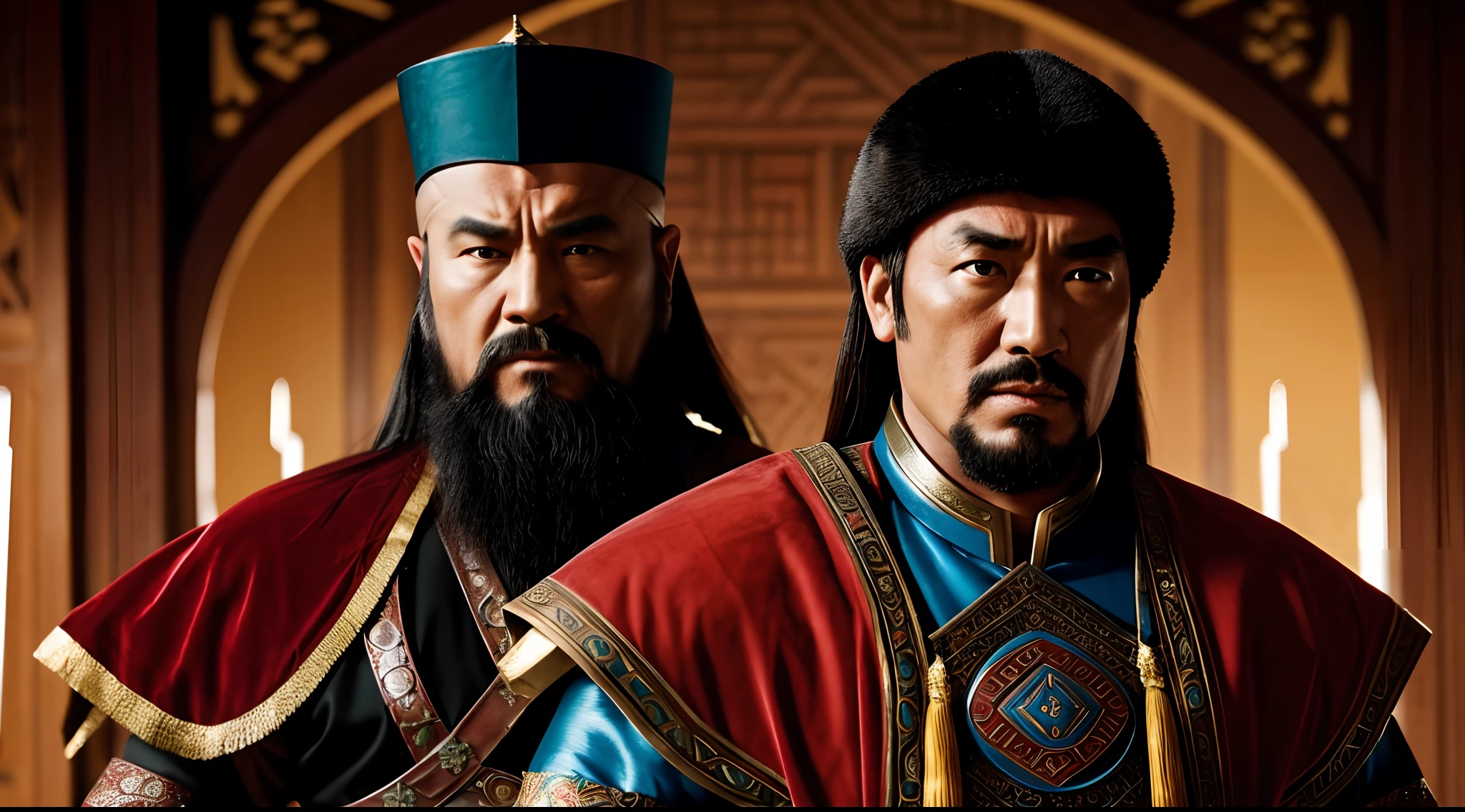 Gengis Khan, guerreiro mongol, Genghis khan from Mongolia, guerreiro mongol, filme de fantasia ainda, Arsen Lupin como um paladino, Roman epic film, rostos extremamente detalhados, a vibrant cinematic photorealist, 12k, highes definition , high resolution, ultra alta qualidade, Ultra sharp focus, extremely realistic, cinematic shots, filme mongol Gengis khan