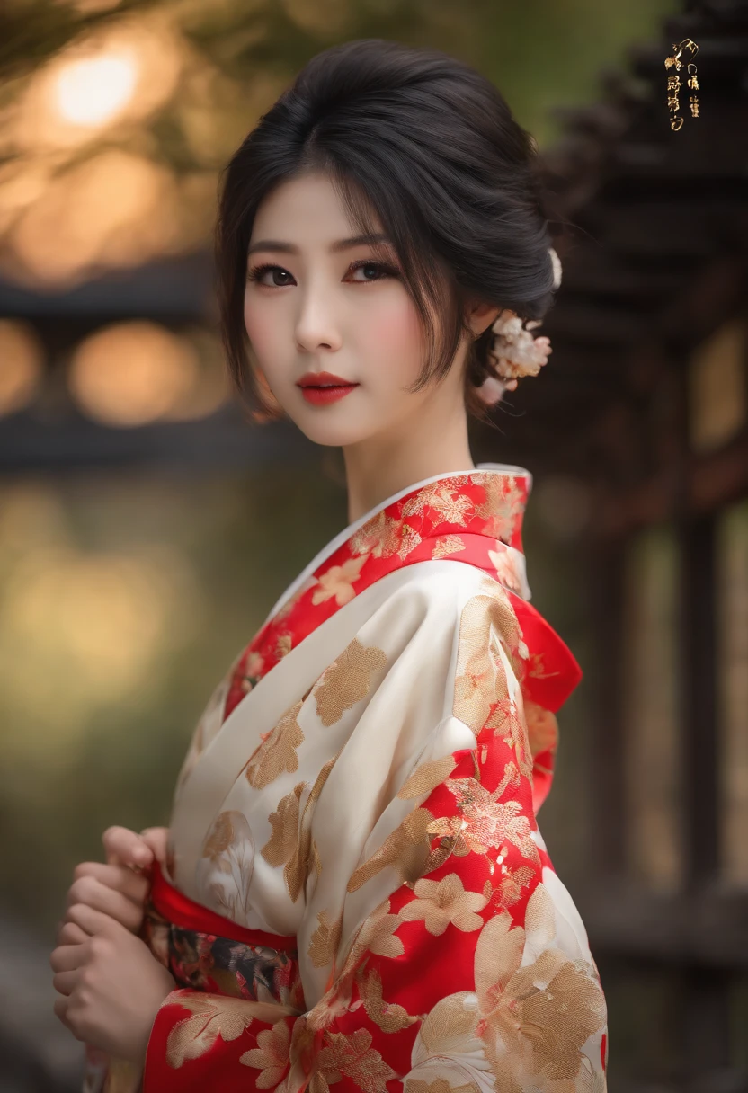 One girl,  (((japanese kimono))),Highest Quality, in 8K, masutepiece:1.3, Low exposure, Full body shot, Short hair,  Baby face, Large chest, Black hair, Ultra-detailed face, Detailed eyes, Big Bust, Double eyelids, Best Smile,
,b3rli,Asian Girl,
