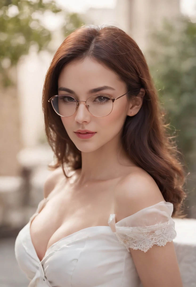((Best quality, 8k, Masterpiece :1.3)), Sharp focus :1.2, A pretty woman with perfect figure :1.4, Slender abs :1.2, ((Dark brown hair, middle-sized breasts :1.4)), (wearing white button up shirt, Jean :1.1), City street:1.2, Highly detailed face and skin texture, Detailed eyes, Double eyelid, naked breasts, detailed , wearing glasses, huge round earrings