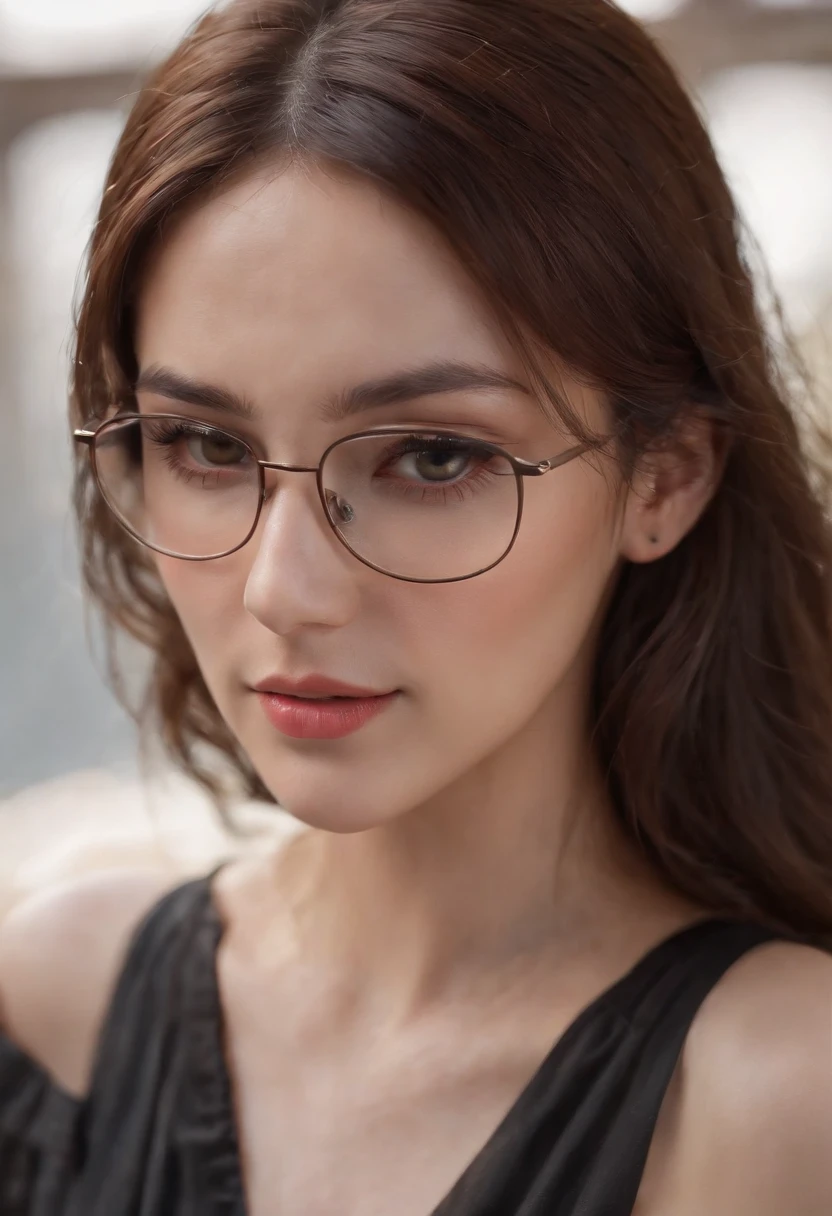 ((Best quality, 8k, Masterpiece :1.3)), Sharp focus :1.2, A pretty woman with perfect figure :1.4, Slender abs :1.2, ((Dark brown hair, middle-sized breasts :1.4)), (wearing white button up shirt, Jean :1.1), City street:1.2, Highly detailed face and skin texture, Detailed eyes, Double eyelid, naked breasts, detailed , wearing glasses, huge round earrings