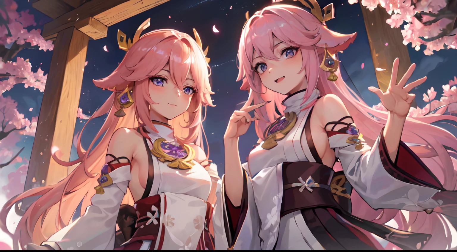 (1 ), illustration, Yae Miko \(Genshin Impact\), gargantilha, estrela \(simbol\), animorfo, olhos roxos, olhos brilhantes, cabelorosa claro, cabelo rosa claro, cabelos longos, brincos, kimono branco, vestido rosa, joias de ouro, paisagem, noite, magia, elegante, gueixa, olhar gentil, seios medios, yokai karakasa, sakura, cerejeiras, templo, Petals