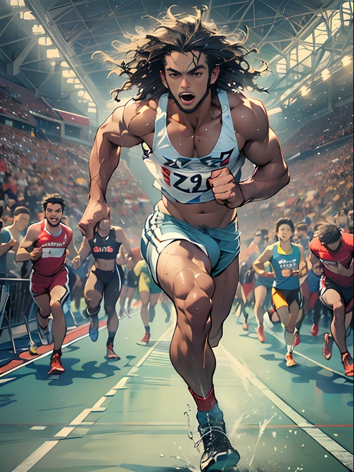 Strong male athlete, Wear high-end sportswear，Long flowing curly hair, Lifelike depiction, Sprint to the finish line，drenched all over the body，4K 分辨率. The stadium was packed with cheering crowds,detailedbackground，32k ULTRAHD, Best quality, Masterpiece, Super detail, High details