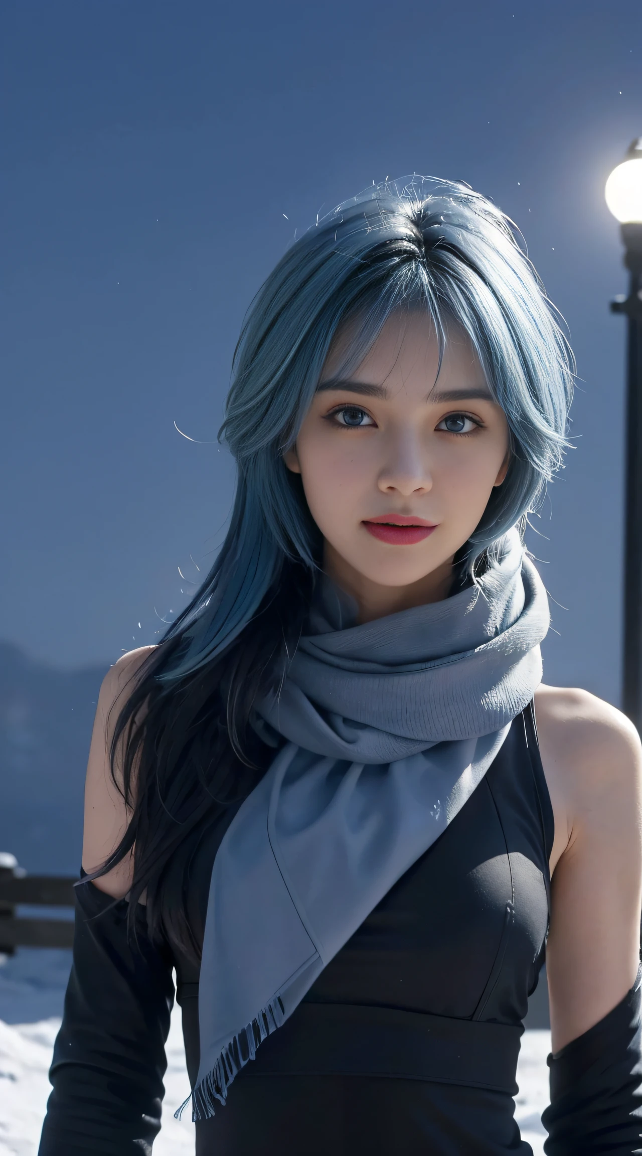 8K, Top Quality, Intricate Details, Ultra Detail, Ultra High Resolution, Masterpiece, random angle, Slender, Smile, (Makeup: 0.4), (Fluffy Blue Eyes: 1.21), blue Eyes, looking at viewer, ((full body)), 1girl, solo, 1 girl, (( full body)), close up shot, , ((tall)), (((fit body))), (((slim face))), sharp face, sharp eyes, (((sky blue hair, long hair, bangs )) , (detailed face), sharp face, small lips,
(( )), ((scarf,)), detailed face, detailed breast, , large breast, detail ass, , Beautiful girl with accentuated slender abs: 1.4, Six Pack Abs: 1.4, Bust Botox, Big, Perfect Body, detail leg, (( moonlight)), in the snow