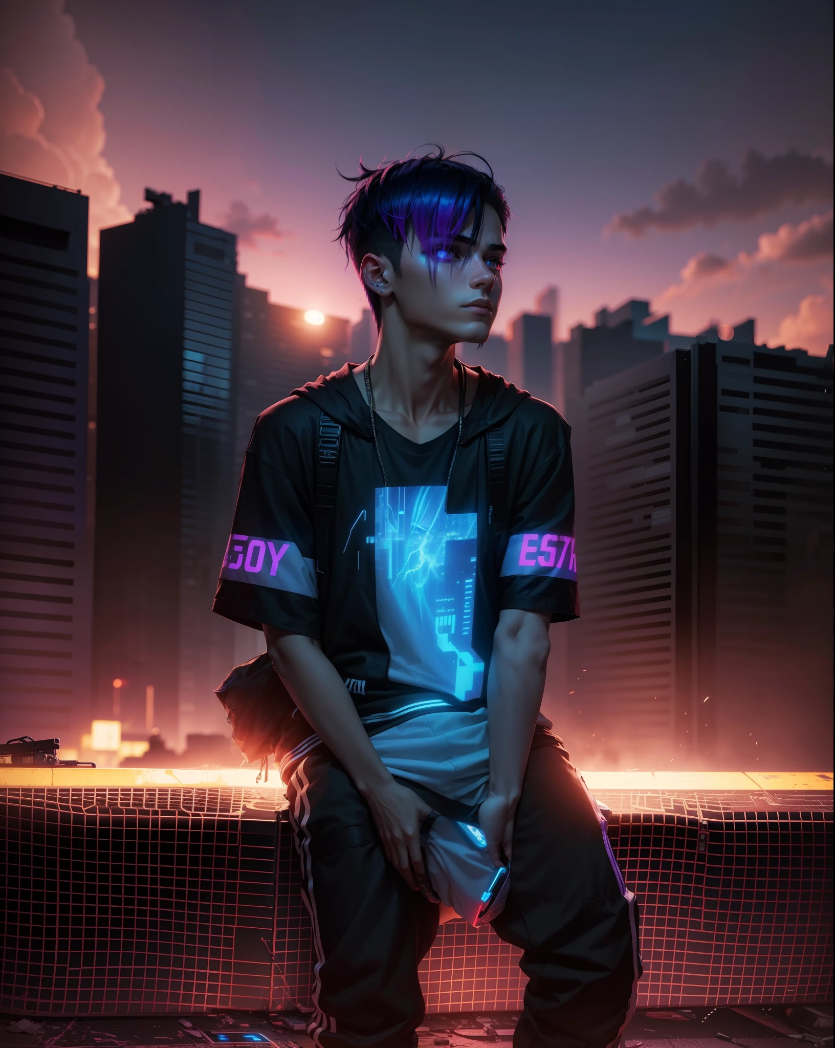 cyberpunk, real face, cinematic, neon hair, hdr, change background ultra real quality ,no face change as it is same face, young boy, cool face like original photo