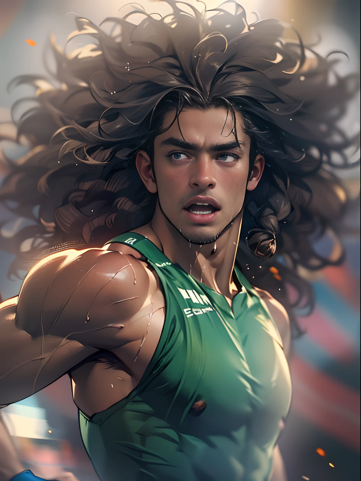 Strong male athlete, Wear high-end sportswear,Long flowing curly hair, Lifelike depiction, Sprint to the finish line,drenched all over the body,4K 分辨率. The stadium was packed with cheering crowds,detailedbackground,32k ULTRAHD, Best quality, Masterpiece, Super detail, High details