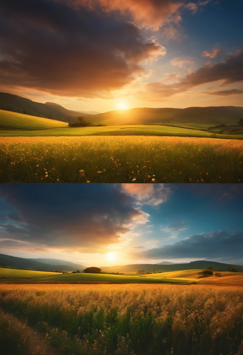 lindo casal orando, Field scenery with light in the sky, 8k, realista, extremely high-resolution,