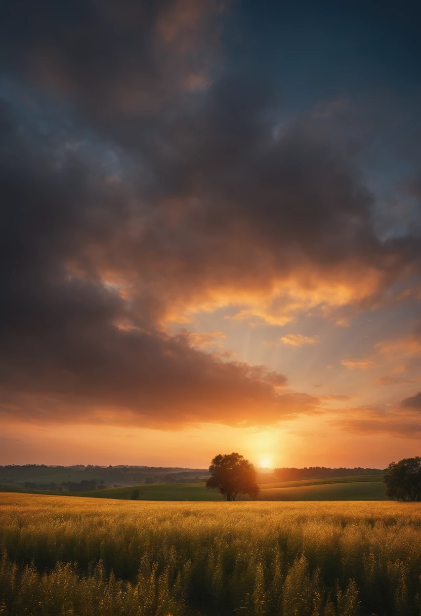 lindo casal orando, Field scenery with light in the sky, 8k, realista, extremely high-resolution,