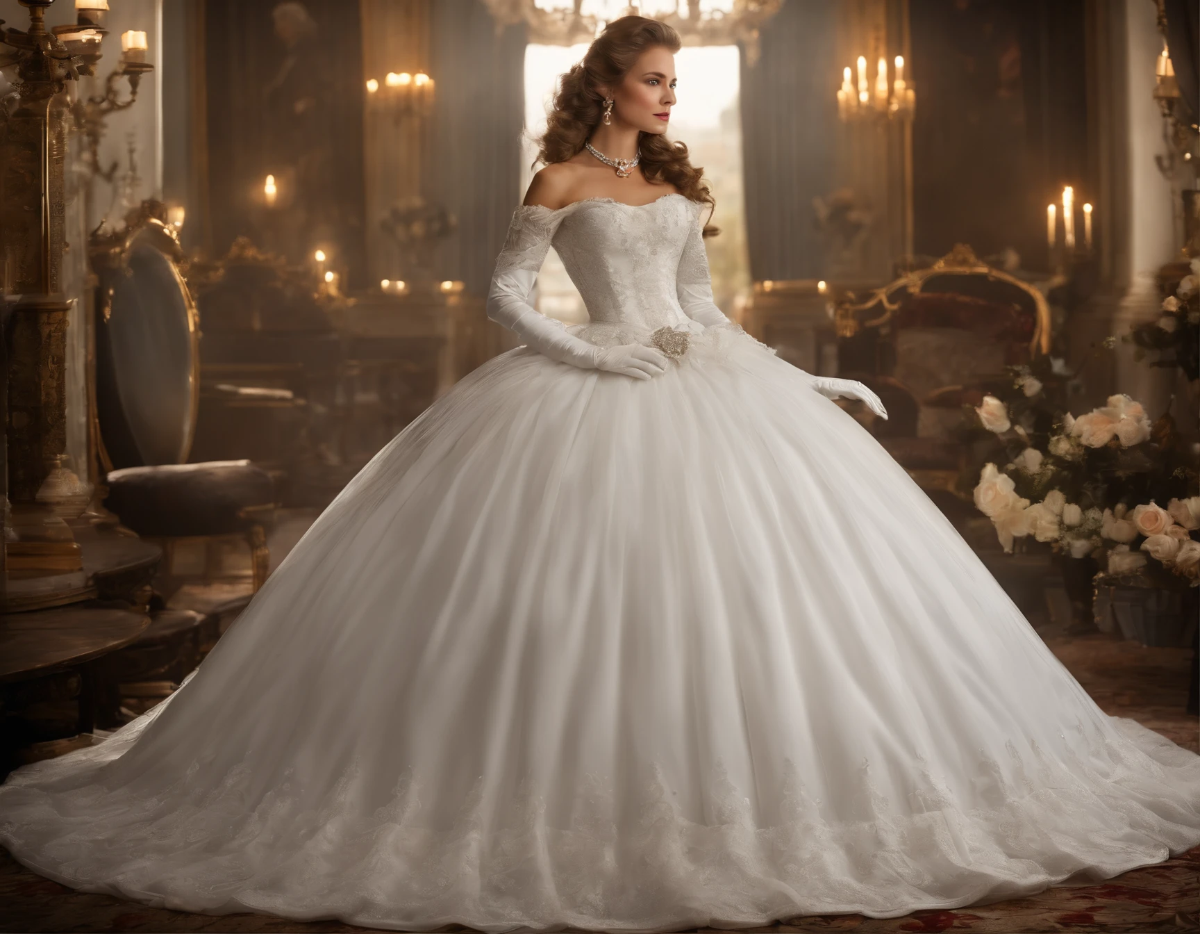 Best quality, Masterpiece, The noble queen wears a solemn and delicate royal wedding dress in white satin tulle，Wear extra-long white gloves，Decorated with a huge ribbon bow, Lace, frilld, Woven pleats, Embroidery and jewelry, With large puff sleeves, Hourglass waist and voluminous Crinoline hoop skirt, bustle, and trains, white long gloves, pearl necklace and earrings, Carefully curly and styled hair