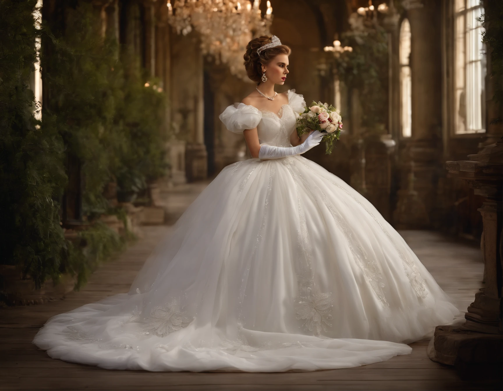 Best quality, Masterpiece, The noble queen wears a solemn and delicate royal wedding dress in white satin tulle,Wear extra-long white gloves,Decorated with a huge ribbon bow, Lace, frilld, Woven pleats, Embroidery and jewelry, With large puff sleeves, Hourglass waist and voluminous Crinoline hoop skirt, bustle, and trains, white long gloves, pearl necklace and earrings, Carefully curly and styled hair