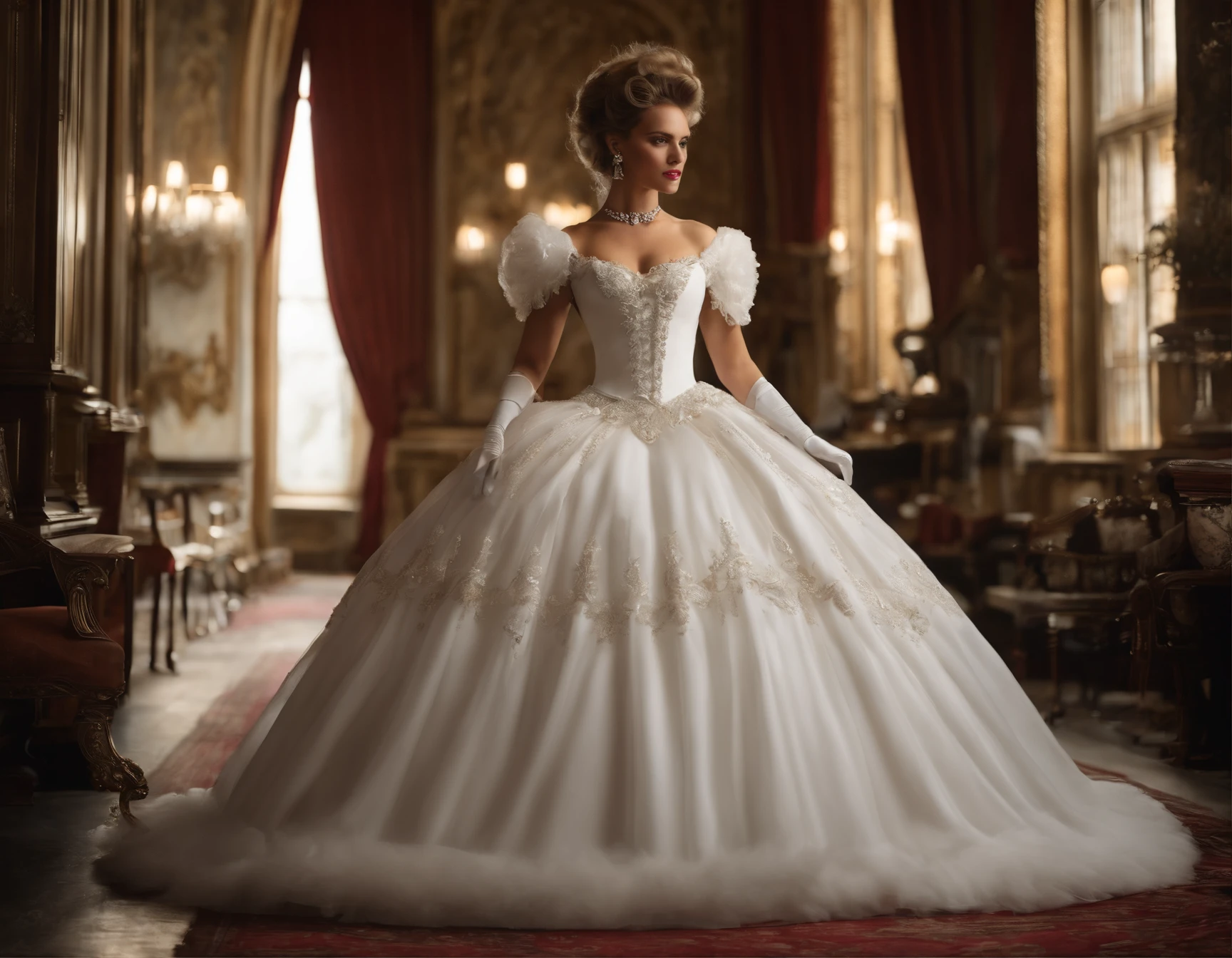Best quality, Masterpiece, The noble queen wears a solemn and delicate royal wedding dress in white satin tulle,Wear extra-long white gloves,Decorated with a huge ribbon bow, Lace, frilld, Woven pleats, Embroidery and jewelry, With large puff sleeves, Hourglass waist and voluminous Crinoline hoop skirt, bustle, and trains, white long gloves, pearl necklace and earrings, Carefully curly and styled hair