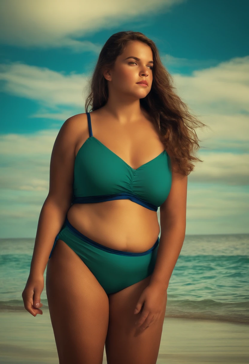 fat girl, barechested, ar old,kini, standing, beach, full body, fat