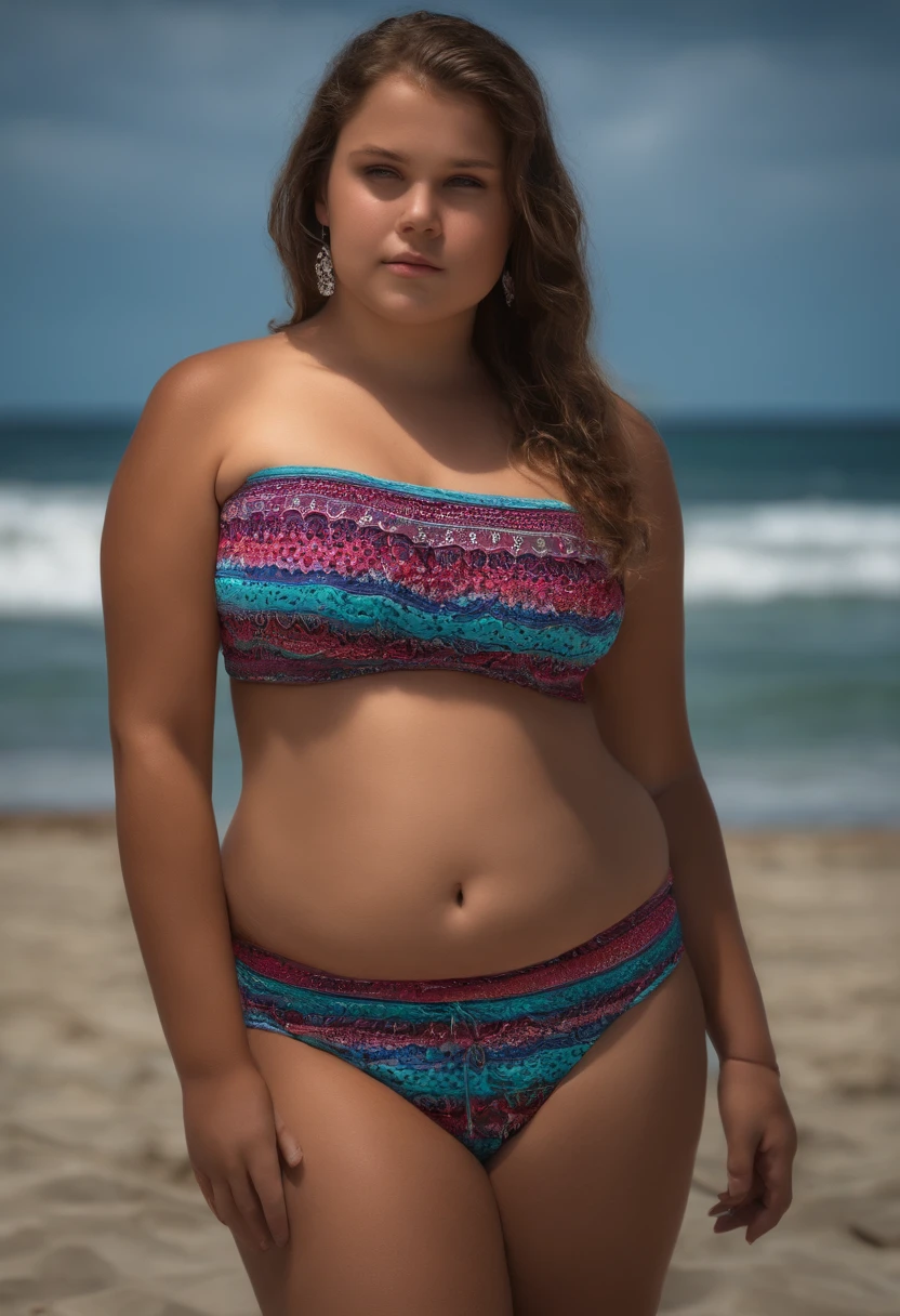 fat girl, barechested, 12year old, bikini, standing, beach, full body, fat