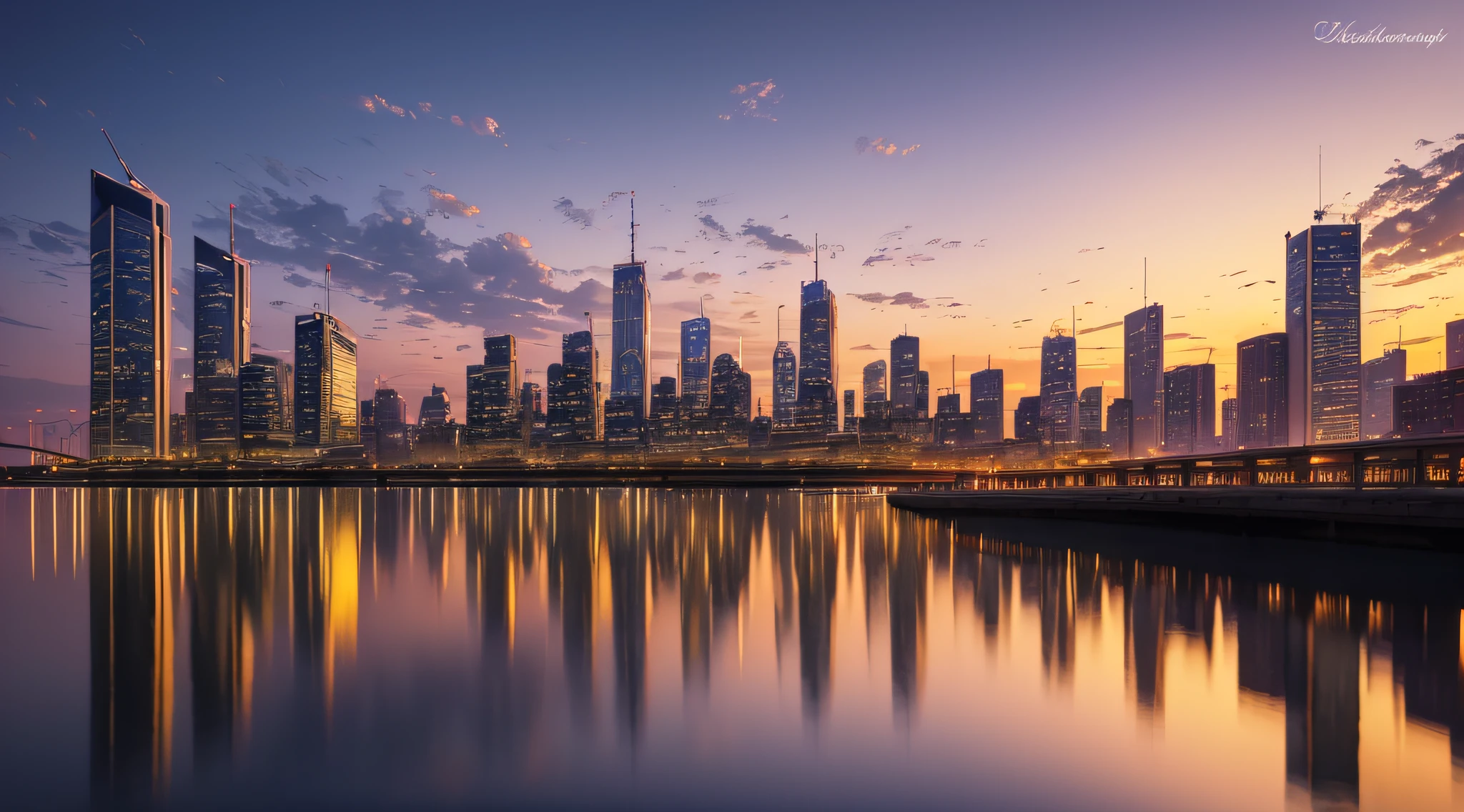 (best quality,4k,8k,highres,masterpiece:1.2),ultra-detailed,(realistic,photorealistic,photo-realistic:1.37),beautiful sunset over a vibrant city skyline,glowing orange and pink hues,crisp silhouette of city buildings,reflecting on a calm river,shining through the windows,impressive urban architecture,flickering streetlights adding warmth,tall skyscrapers reaching towards the sky,rippling water creating a serene atmosphere,city lights illuminating the twilight,peaceful and picturesque scene,with a touch of tranquility and grandeur,portraits,landscape,photography,vivid colors,cityscape,purple and golden