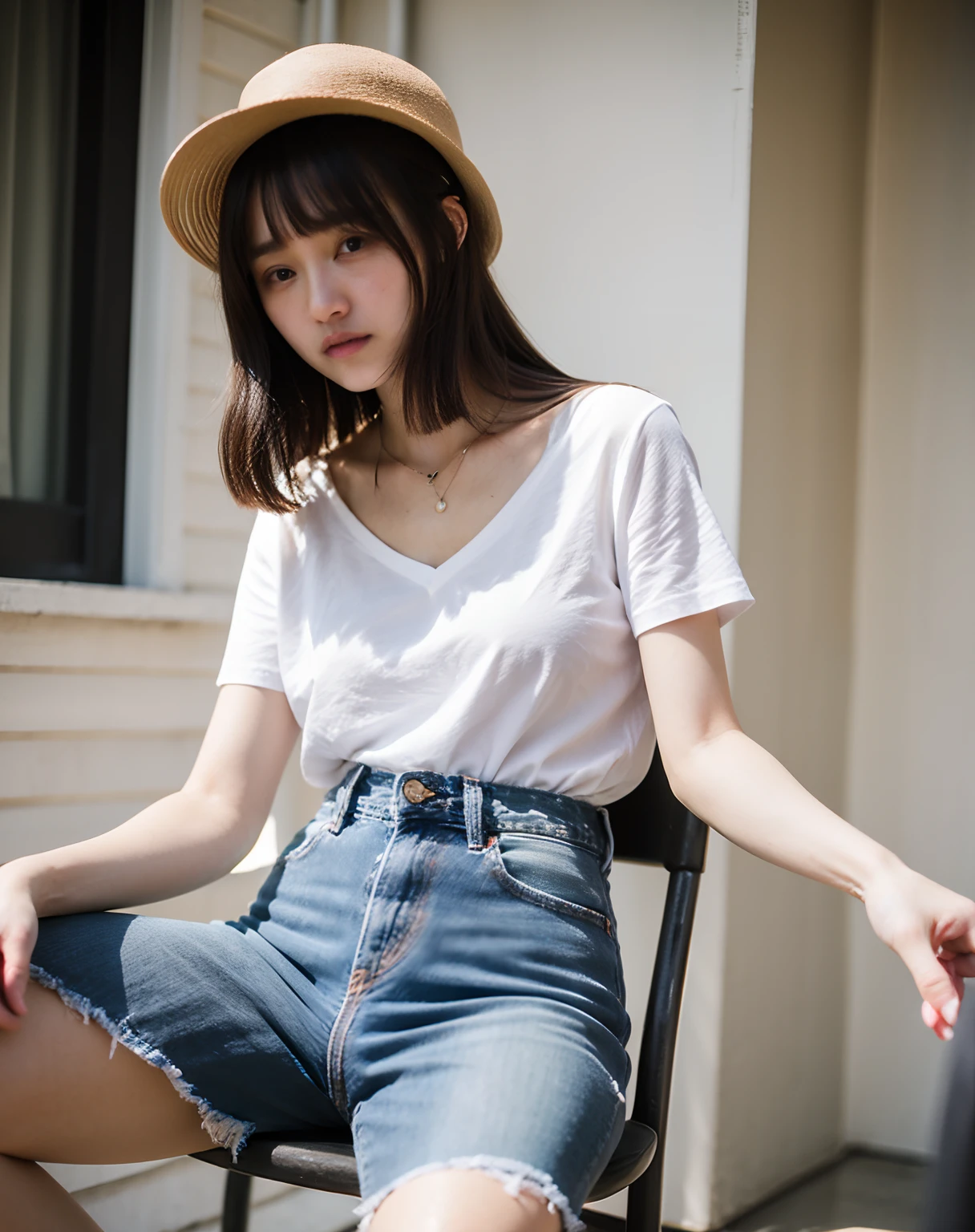 Summer barbecue、Woman sitting on chair wearing hat, fine white shirt, wearing a white button up shirt, in a white shirt, in a white shirt, Wearing a white shirt, wearing in shirt, Wearing a light shirt, digital art of an elegant, Wearing a blouse, wearing elegant casual clothes, Wearing a white blouse, White shirt、Denim miniskirt、Small bust、short-hair、a necklace、耳Nipple Ring