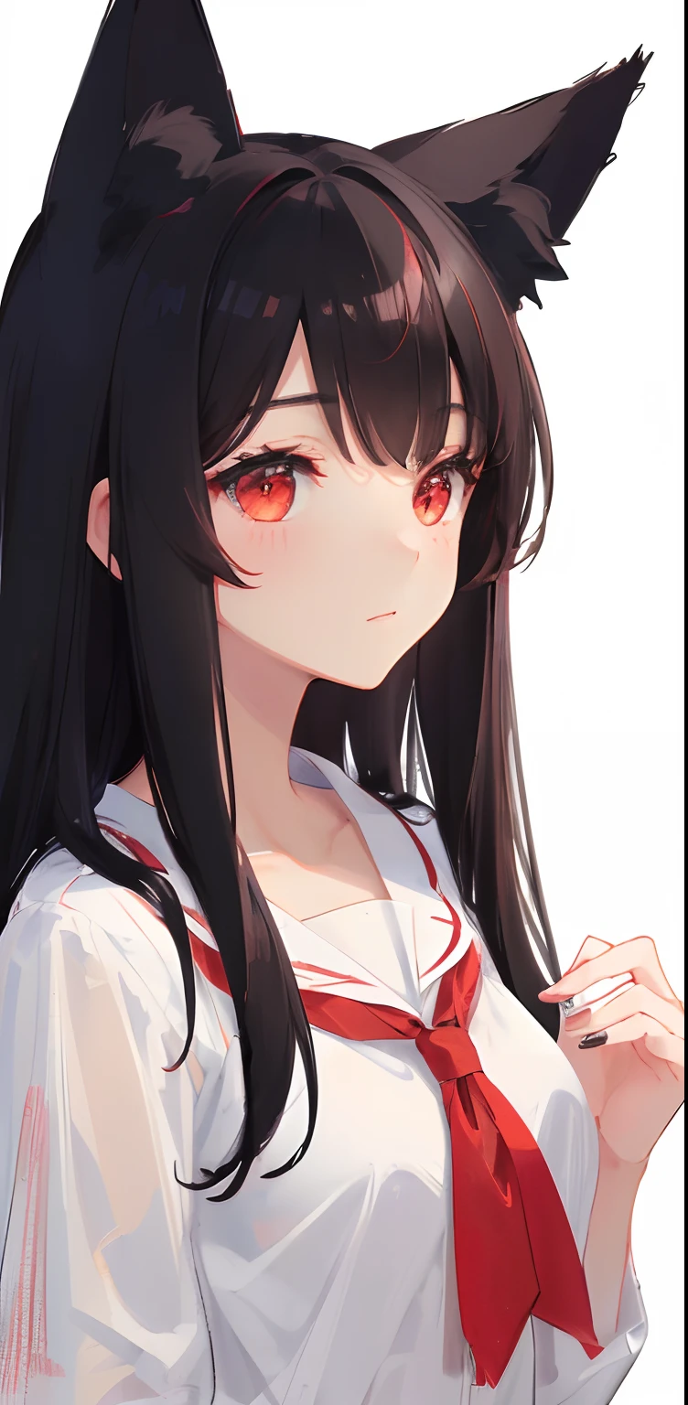 (sketch drawing:1.2), 1girl, close up, (cute), (fox ears), (red eyes), (black hair), (medium hair), (simple white blouse), (white background:1.3),