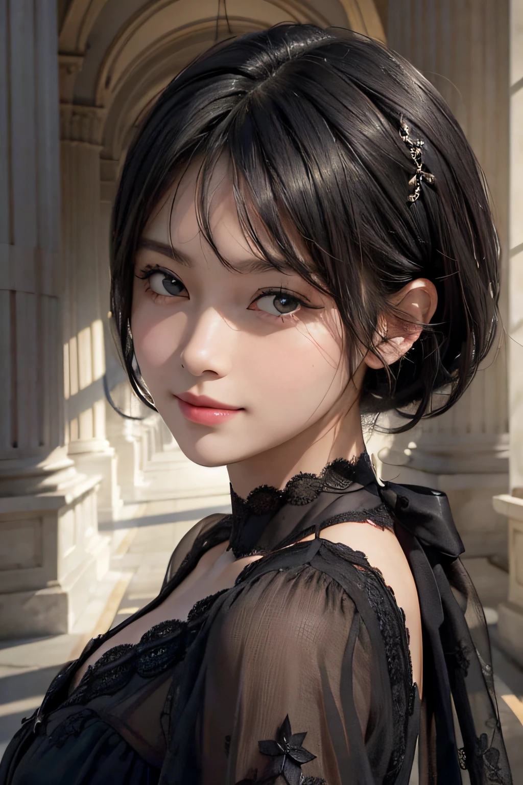 A close up of a woman with a black dress and a black hair - SeaArt AI
