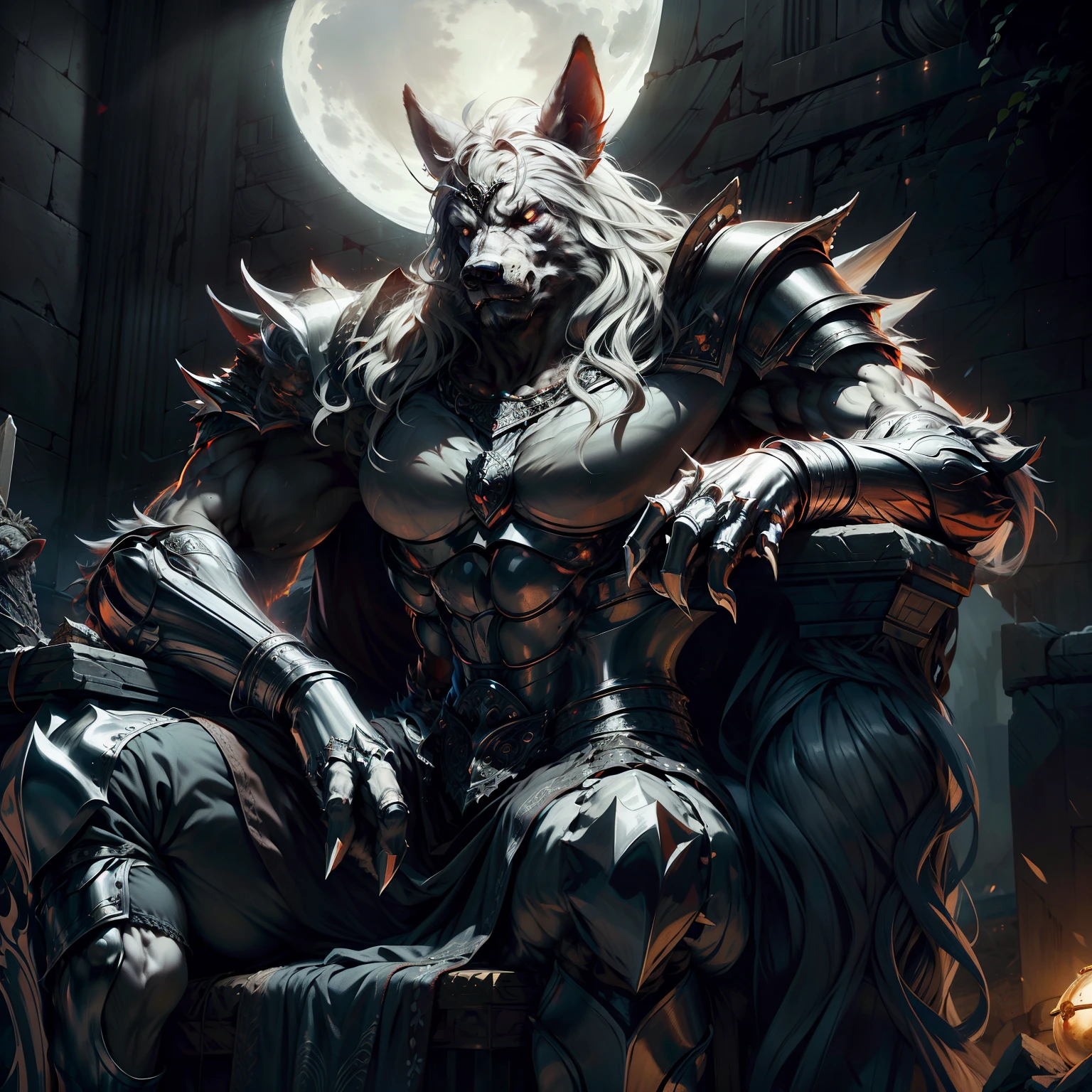 werewolf, Sitting on a stone throne, body completely covered with silver hair, Award-winning art, The stone throne contains Nordic runes, He has furry silver, He wears metal armor, highly detailed armor, Thorny armor, Moon illumination exists, Reddish ambient lighting, Werewolves look aggressive, Image is for game avatar