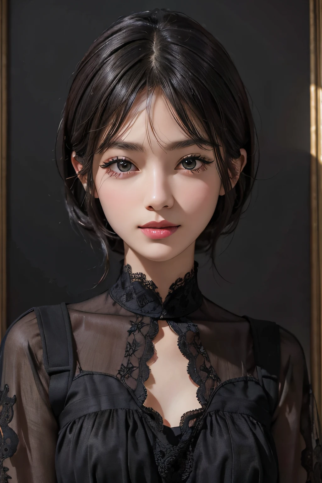 (((Black Shorthair))), (Louvre Museum), Pose Seductive, (A hyper-realistic), (Illustration), (Increased resolution), (8KUHD), (Extremely detailed), (Best Illustration), (Beautiful and detailed eyes), (Best Quality), (ultra-detailliert), (masutepiece ), ( Wallpaper), (Detailed face), Solo, 1人の女性, Fine details, Detailed face, Deep Shadows, lowkey, pureerosfaceace_v1, Smiling, 46 point slanted bangs